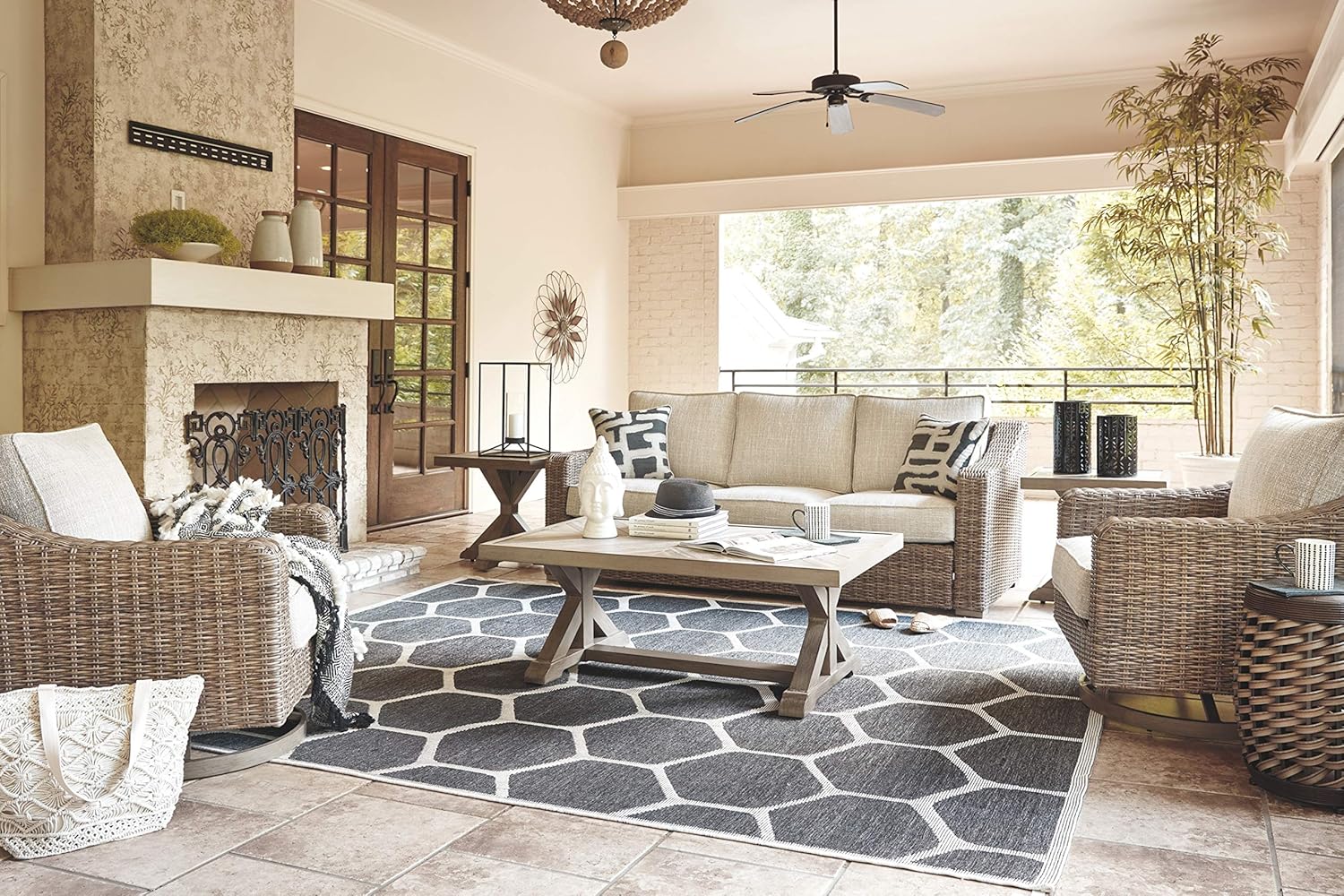 Signature Design by Ashley Beachcroft Outdoor Wicker Patio Sofa with Cushion and 2 Pillows, Beige, Light Gray