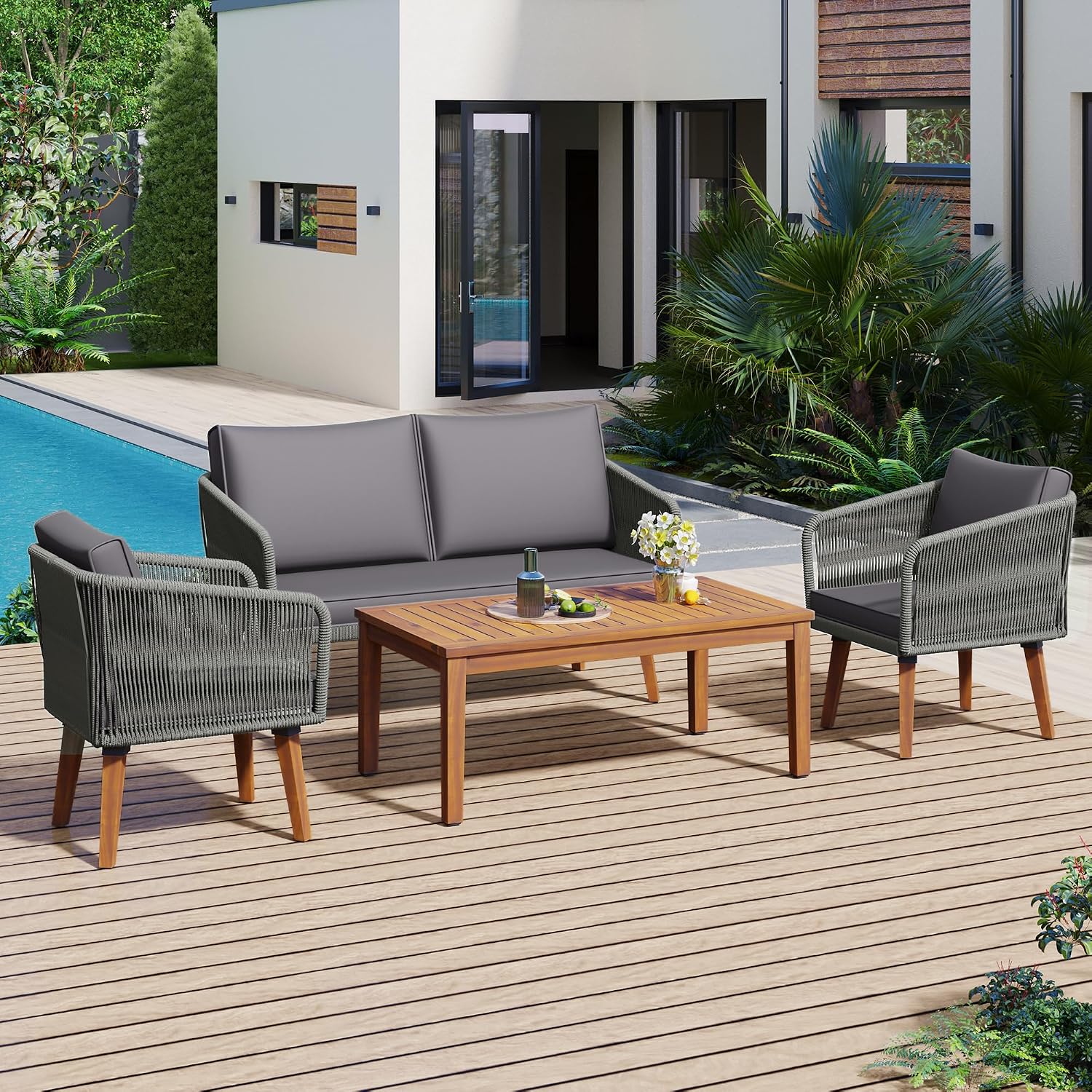 Merax 4 Pieces Patio Conversation Set with Soft Loveseat and 2 Chairs ...