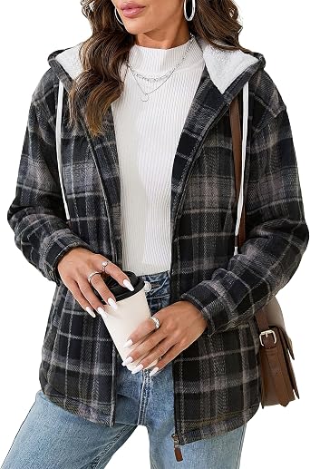 YUCOLEN Womens Fleece Flannel Jacket Plaid Zipper Sherpa Hooded Warm Coat