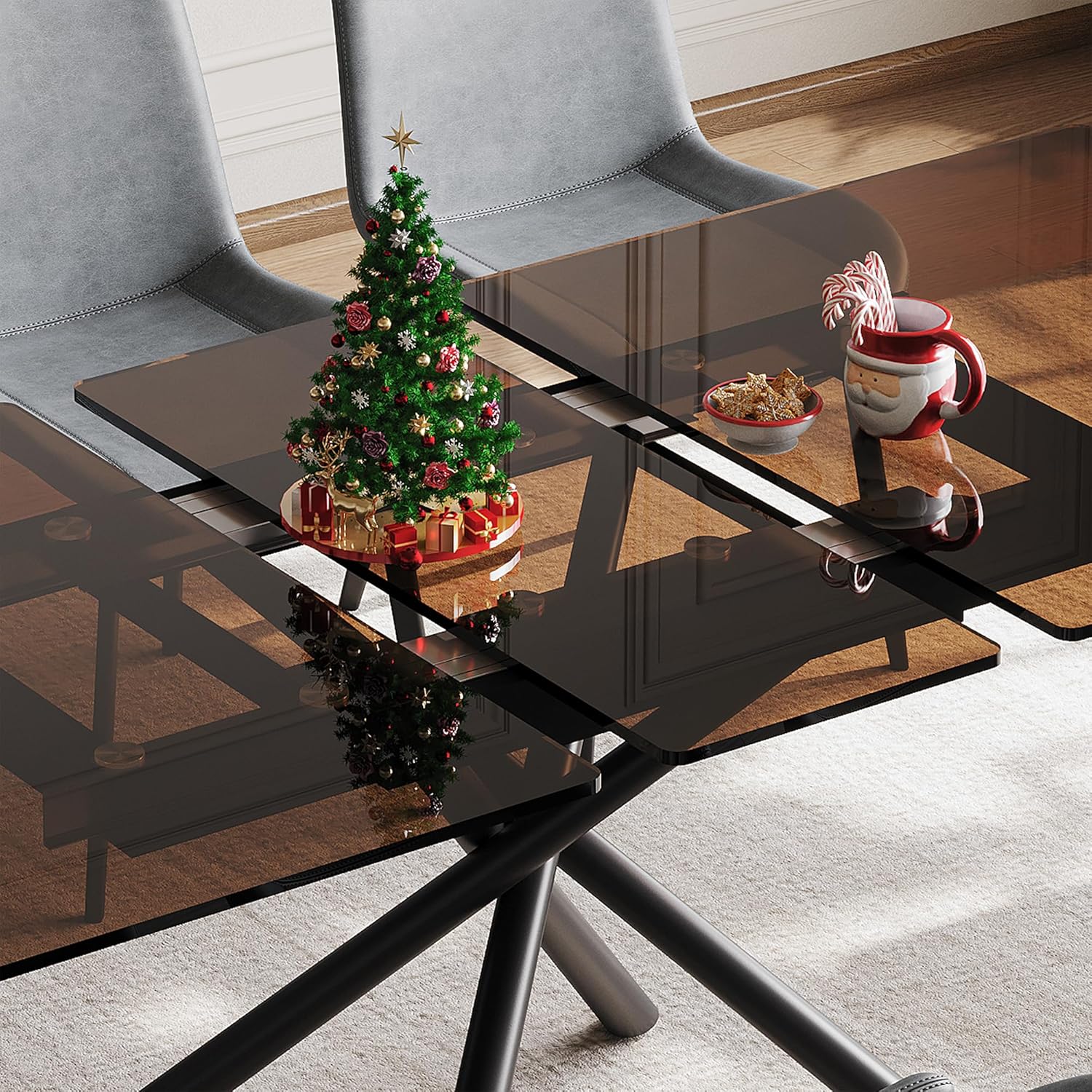 Montary 59-inch Modern Rectangle Expandable Dining Table with Retractable Leaf, Black Sandblasted Glass Top & Carbon Steel X-Base, 4-6 Person Table for Small Apartments, Kitchen, Dining Room