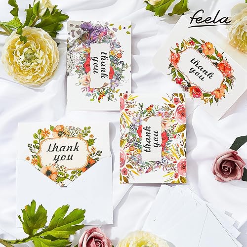 Miniatura 4 de Feela - Tarjetas de agradecimiento con sobres, paquete de 36 notas florales de agradecimiento con 36 sobres, 6 hojas de calcomanías de Feela,