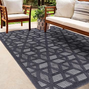 Hauteloom Mississippi Outdoor Area Rug - Outside Porch Patio Rug Carpet - Waterproof Rug - Moroccan Farmhouse High Low - Black, Gray, Dark Grey - 53" x 7