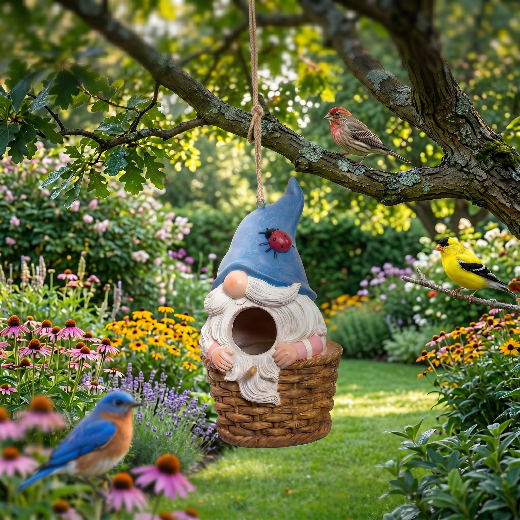 DUSVALLY Casetta per uccelli in resina, casetta per uccelli da appendere, per esterni, casetta per uccelli selvatica, decorazione per casa e giardino (blu, grande)