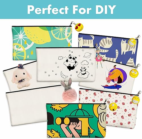Miniatura 6 de Paquete de 8 bolsas de lona para lápices, bolsas con cremallera para manualidades, bolsas de maquillaje en blanco, bolsas multifuncionales, estuche