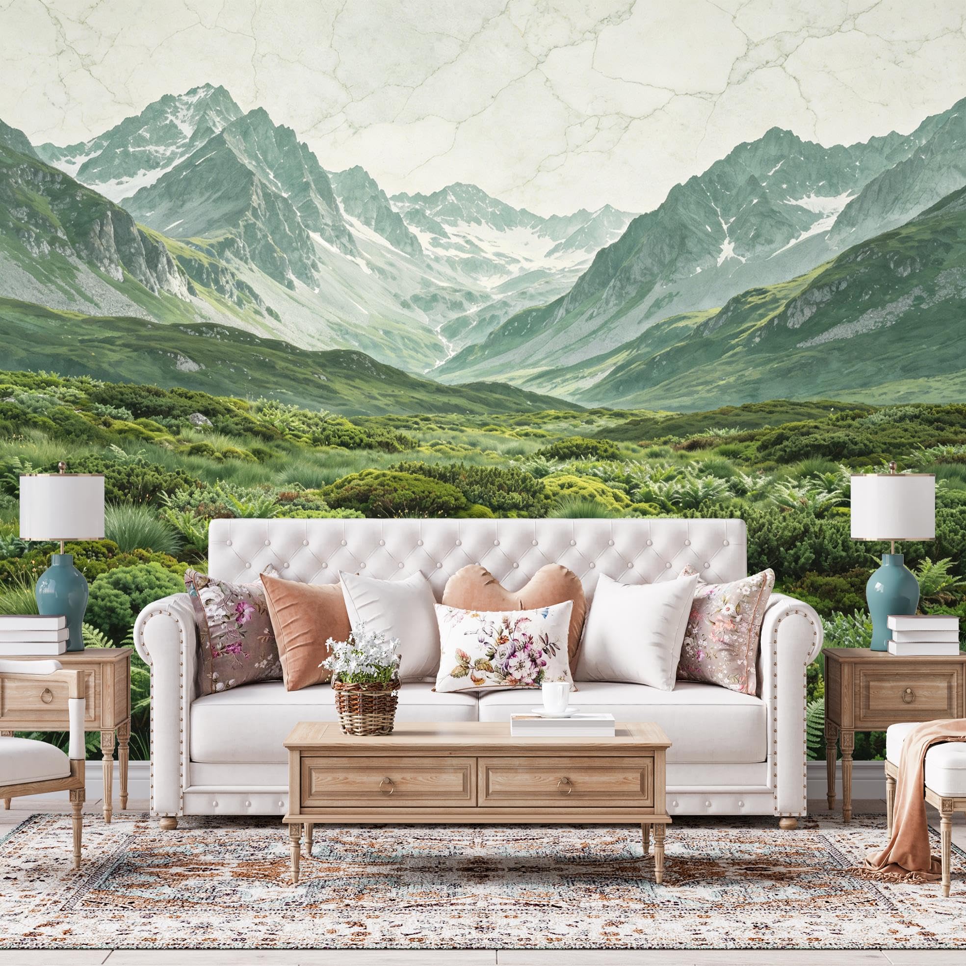 Papier peint panoramique pour salon style scandinave avec montagne