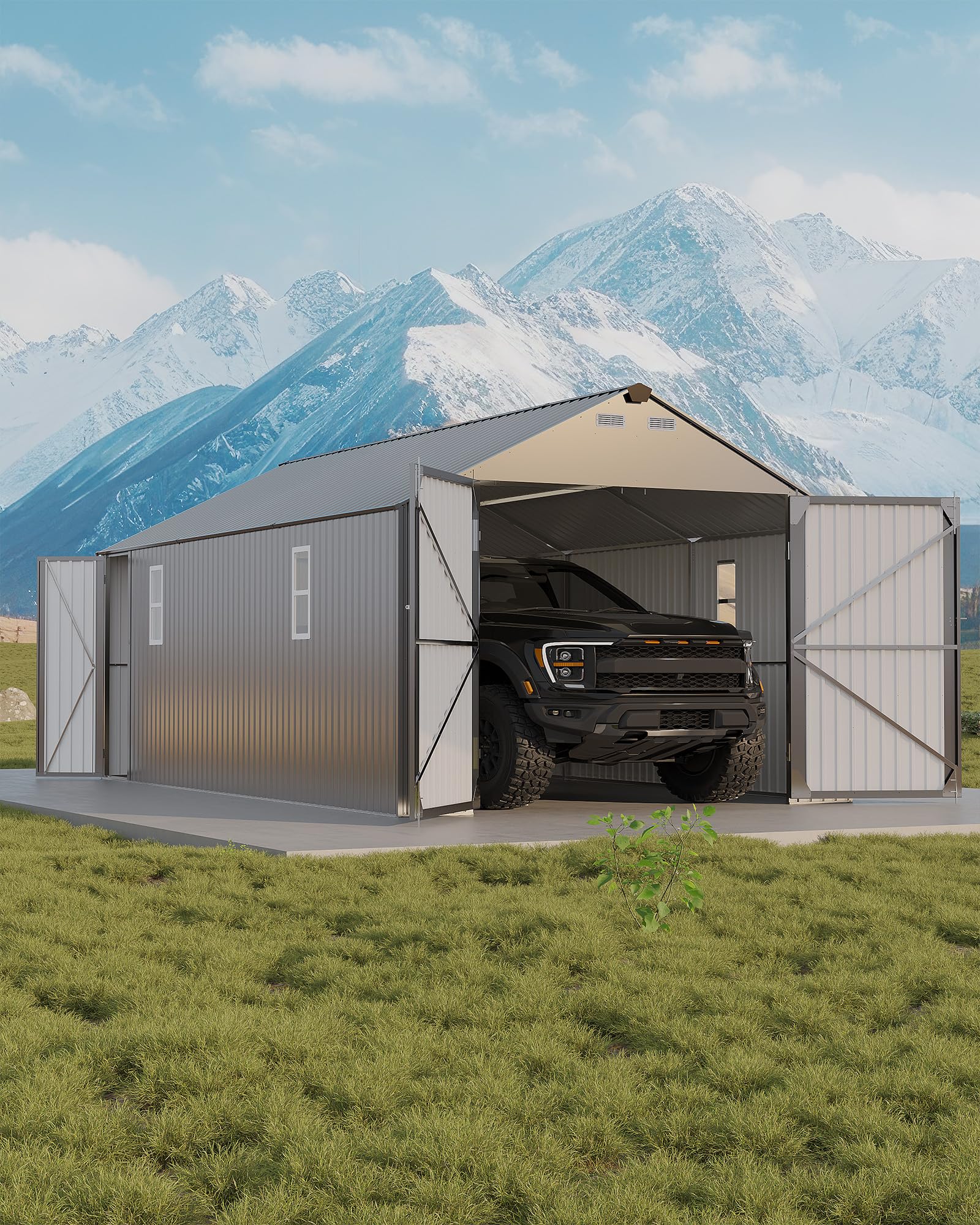 Photo 1 of GarveeLife 12x20 ft Metal Carport, Enclosed Car Port with Vertical Steel Roof for All-Weather Use, Metal Garage Shed with Man Door for Sedans & SUV, Gray