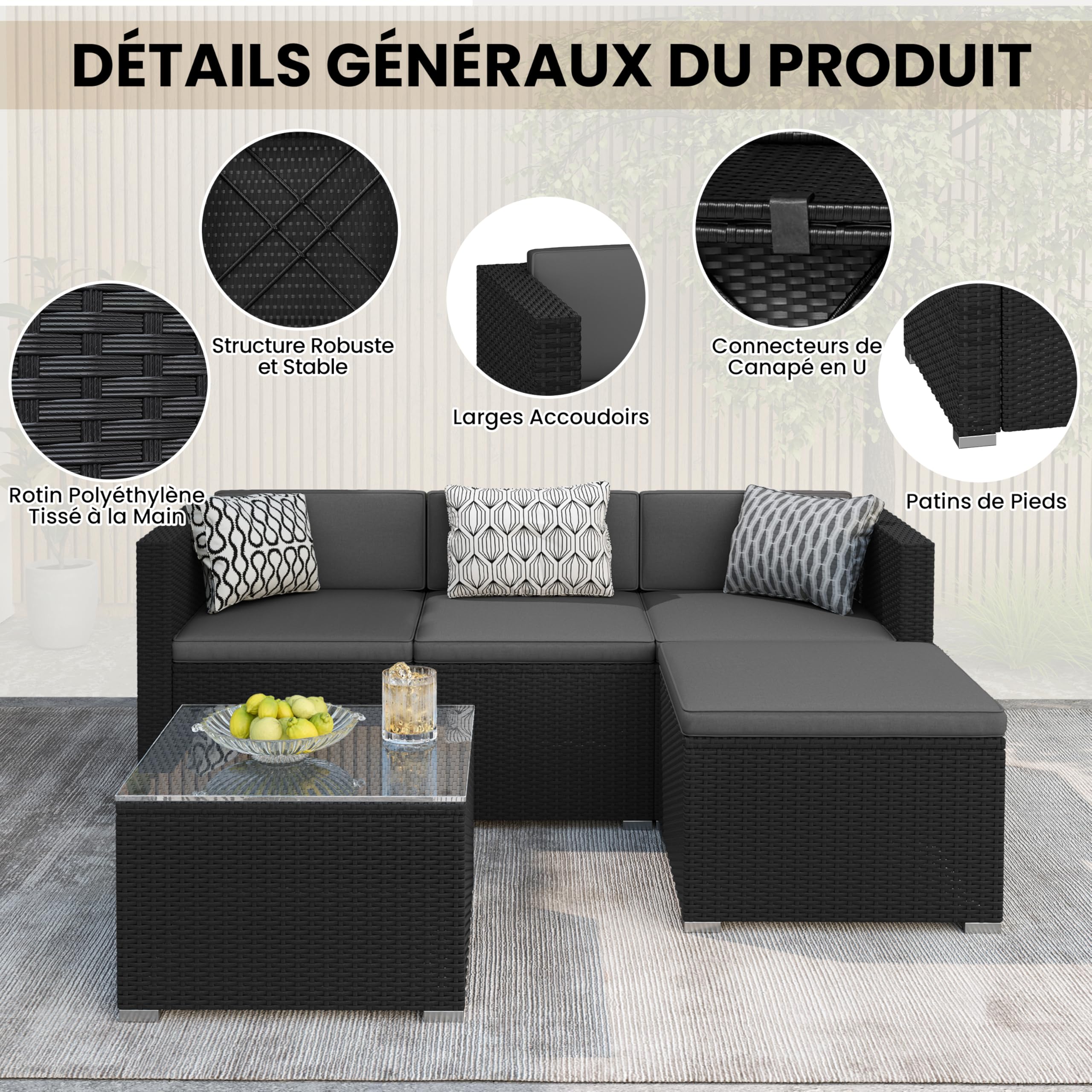 Abician 5 Pièces Salon de Jardin Exterieur en Polyrotin, 4 Personnes Ensemble Mobilier avec 3 Canapés Modulables, 1 Table Basse en Verre Trempé et 1 Ottomane pour Bistro Patio Terrasse Noir/Gris