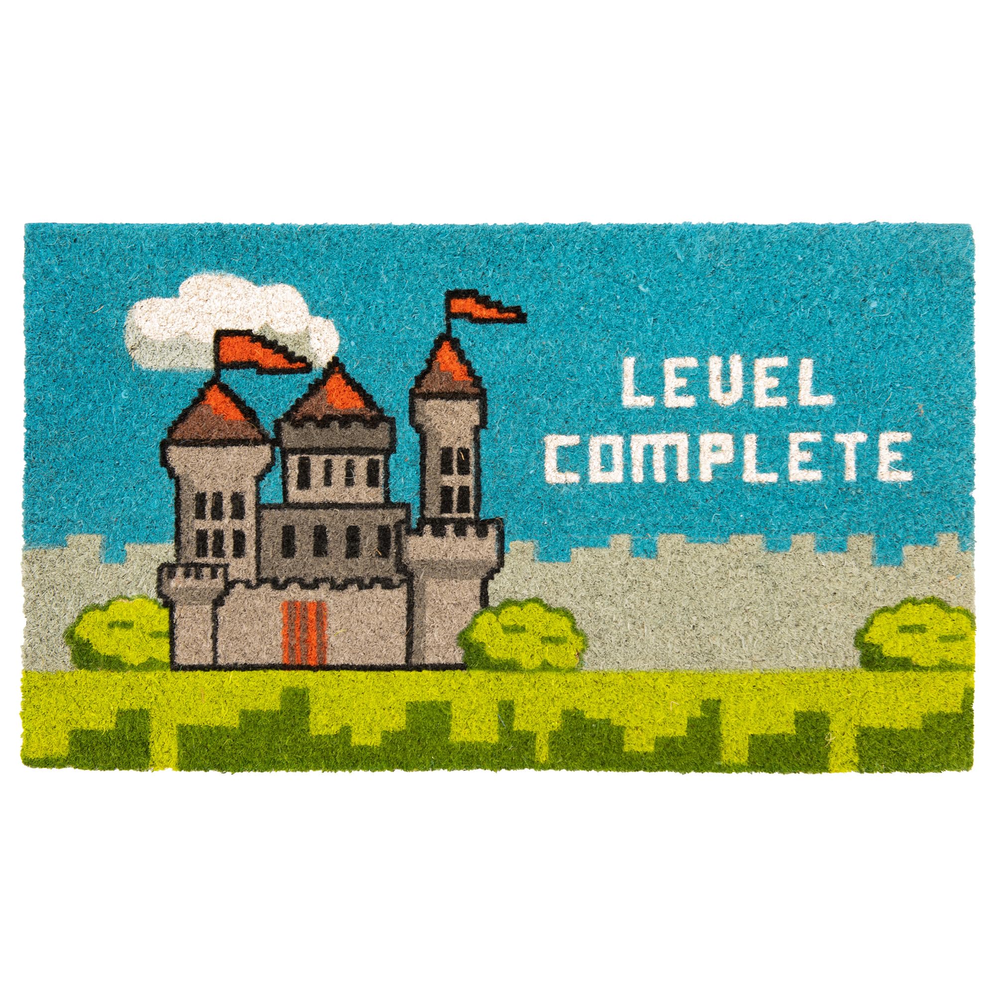Fisura - “Level complete” Coir Door Mat, Dirt Trapper Doormat with Non-Slip PVC Backing, Indoor & Outdoor Front Door Entrance Mat. Hand Painted. 27x15 inch