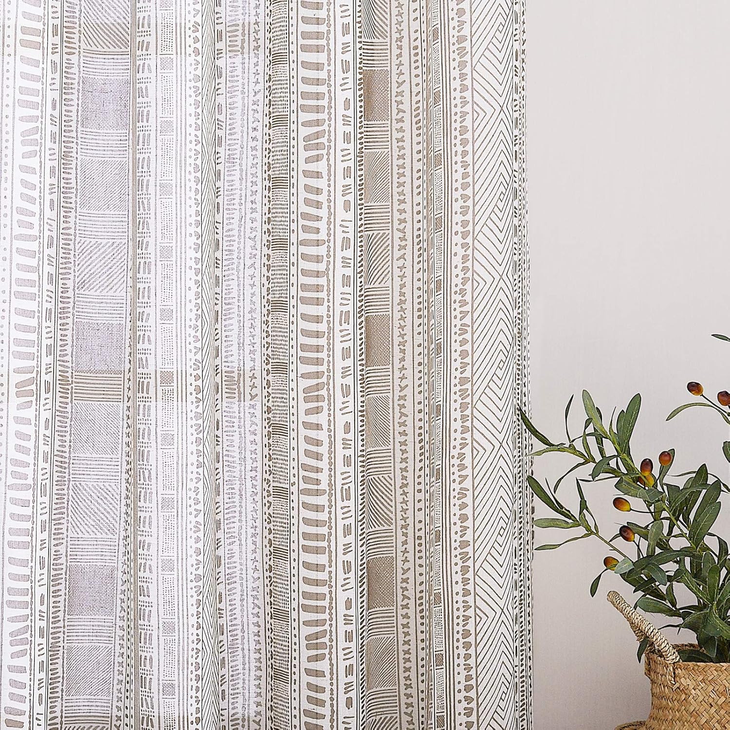NICETOWN Linen Weave Flax Textured Living Room Sheer Curtains, Grommet Vertical Semitransparent Privacy Sheer Panels Bohemian Stripe Pattern with Light Filter for Bedroom, W50 x L84, Taupe, 1 Pair