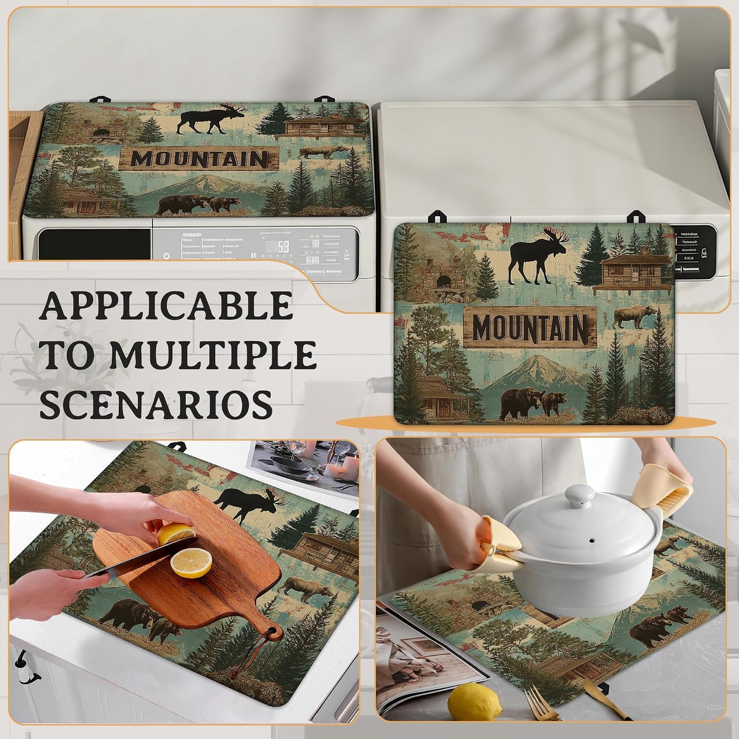Electric Stove Top Cover, Mountain Vintage Deer Bear Stove Top Covers for Electric Stove, 28''X20'' Heat Resist Kitchen Glass Stove Mat Decor Cooktop Ceramic Mat Gas Stove Pad