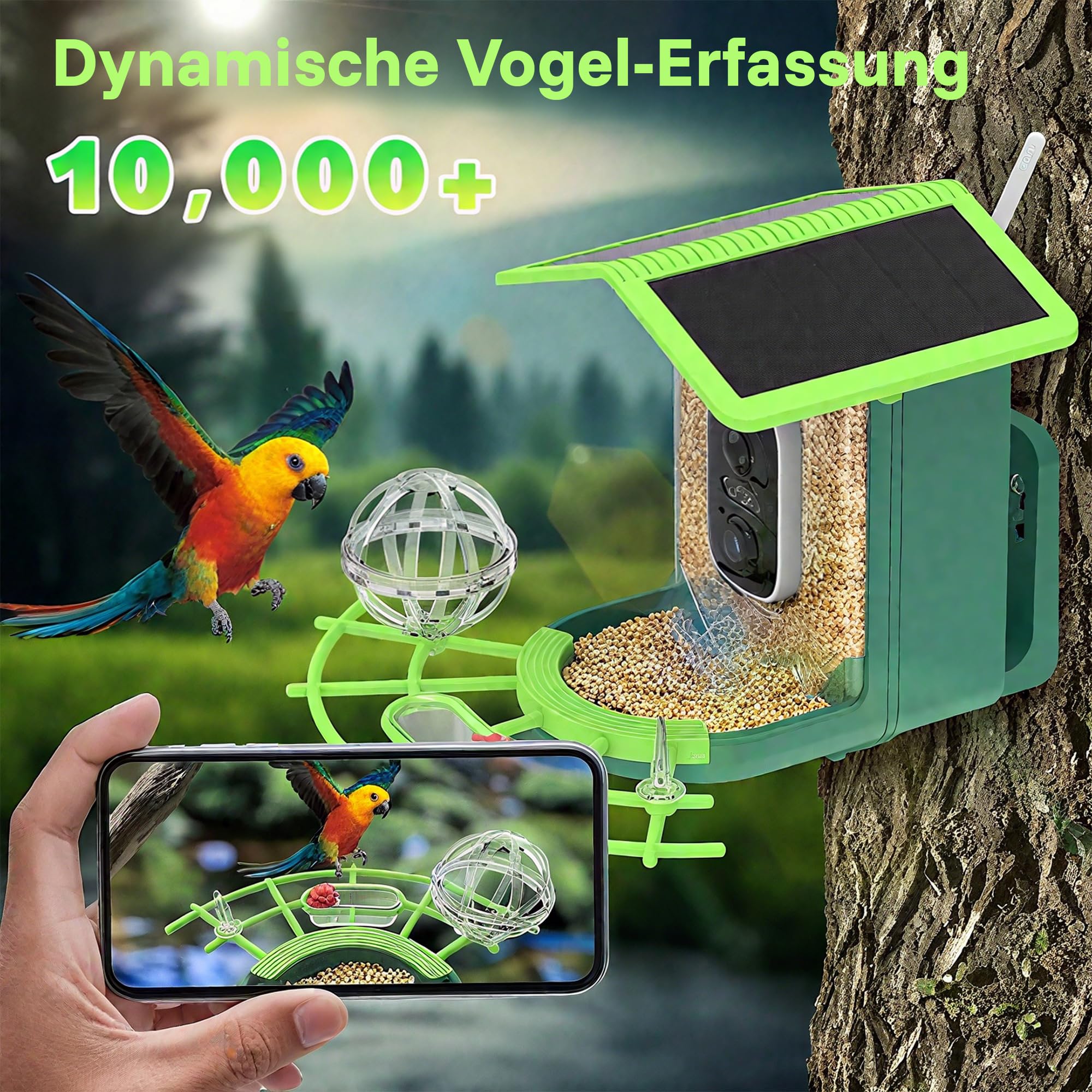 PEUZ Comedero para pájaros con cámara – 3 MP HD resolución solar y WiFi 2,4 GHz, detección de aves IA y notificación de aplicaciones, IP65 resistente a la intemperie, visión nocturna, gran angular de