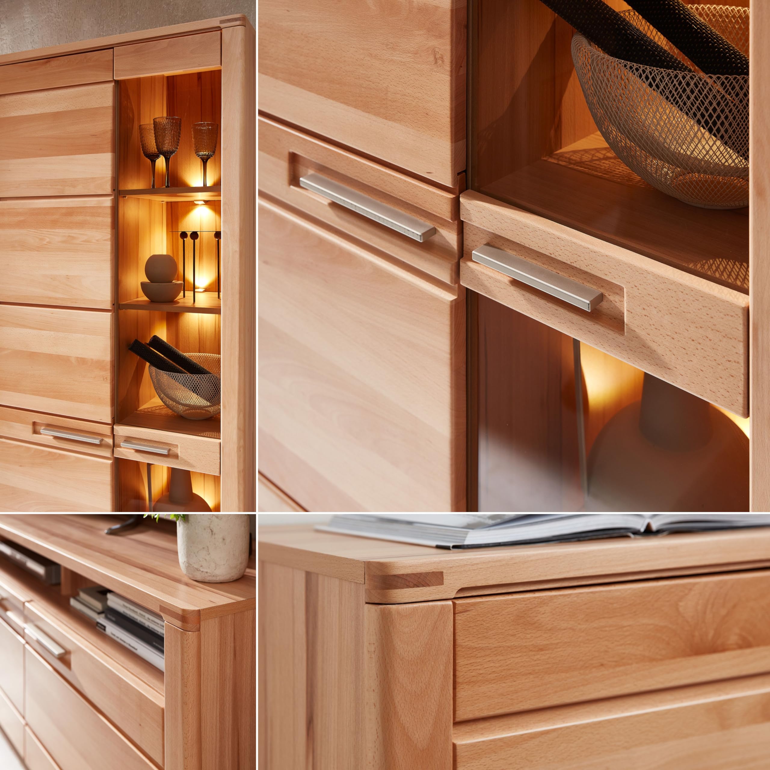 Nature ONE Highboard in Kernbuche Teil-massiv FSC-Zertifiziert - Moderner Wohnzimmerschrank mit viel Stauraum und LED-Beleuchtung - 127 x 137 x 40 cm (B/H/T)