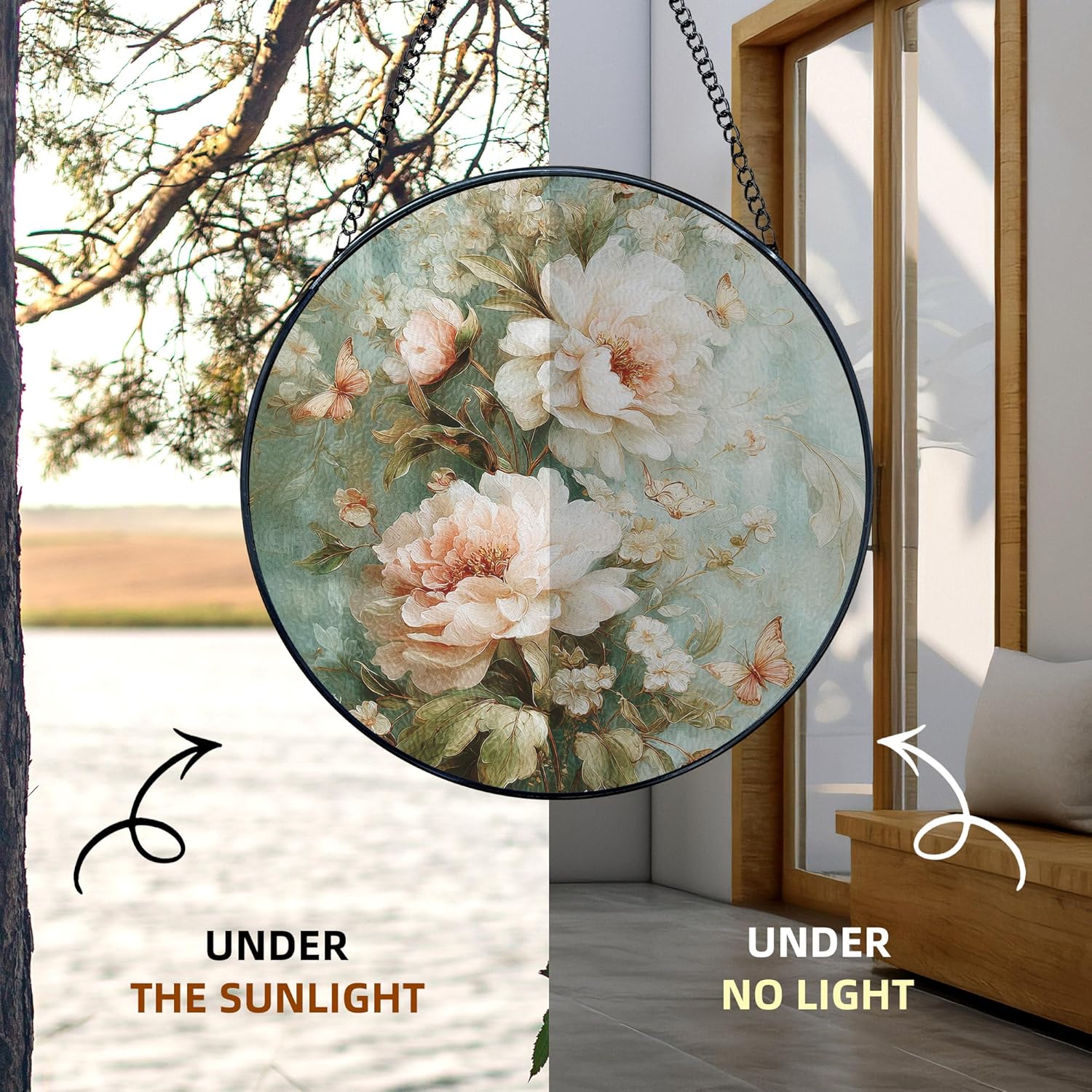 Pink Peony Flower Stained Glass Window Hanging, Chinoiserie Peony Floral Suncatchers, Elegant Flower Botanical Sun Catchers Indoor Window Glass Wall Art Hanging Decorations, 7.9x7.9in