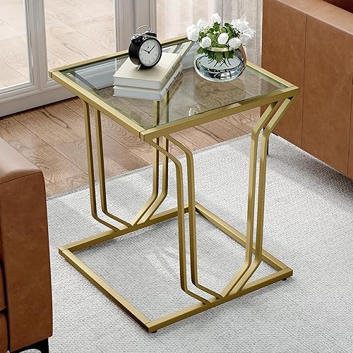 ASYA Mesa auxiliar dorada, moderna mesa auxiliar con base cuadrada, mesita de noche de lujo con vidrio templado para sala de estar, dormitorio