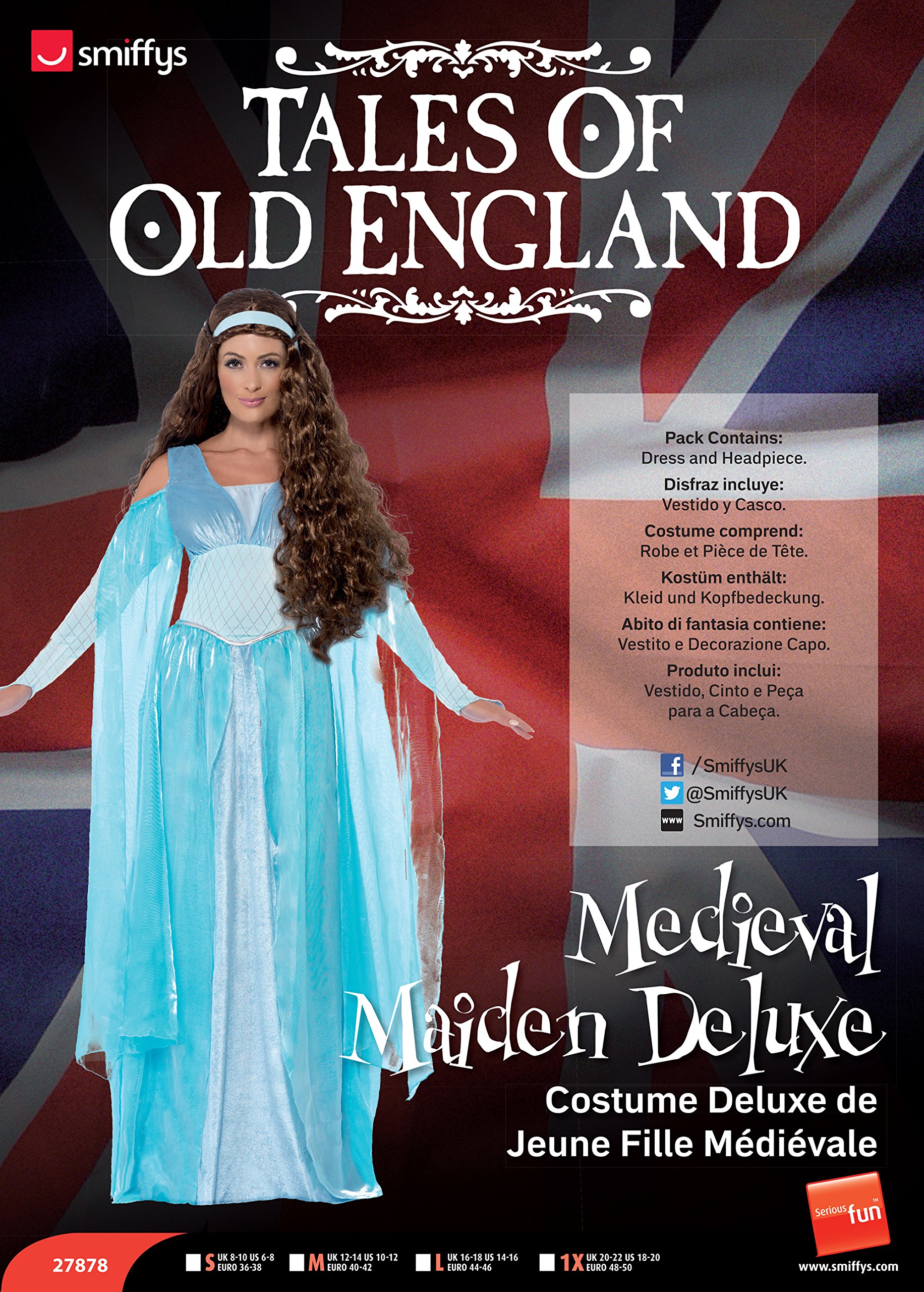 Smiffys Deluxe Medieval Maiden Costume with Dress and Headpiece, Multi-Colour, Medium, 27878M