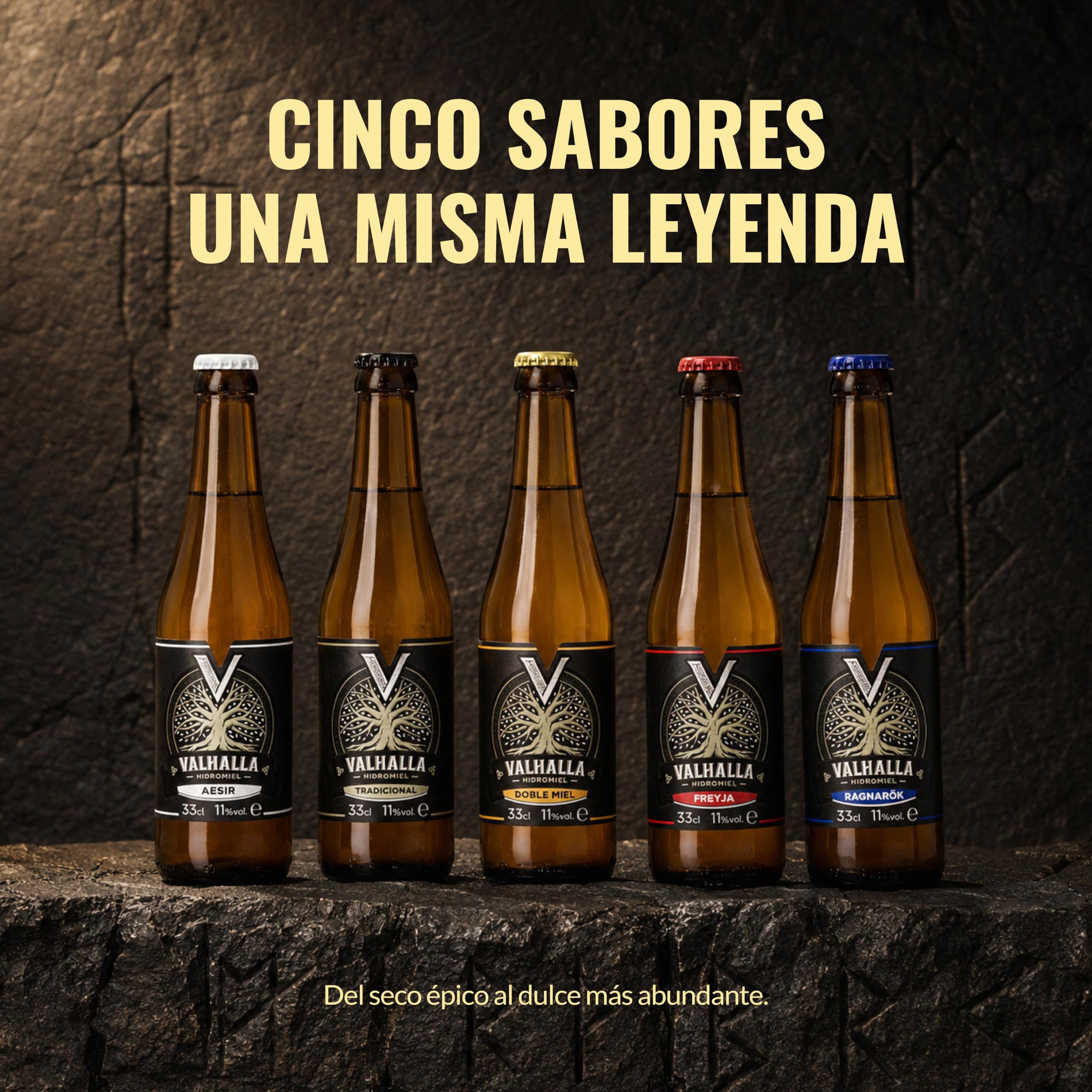 Valhalla Hidromiel Pack Degustación | Surtido 5 Variedades Estilo Cerveza Vikinga Sin Gluten ni Sulfitos | Miel de Flores con Sabores Artesanales | Selección Premium | 12 Botellines de 33cl