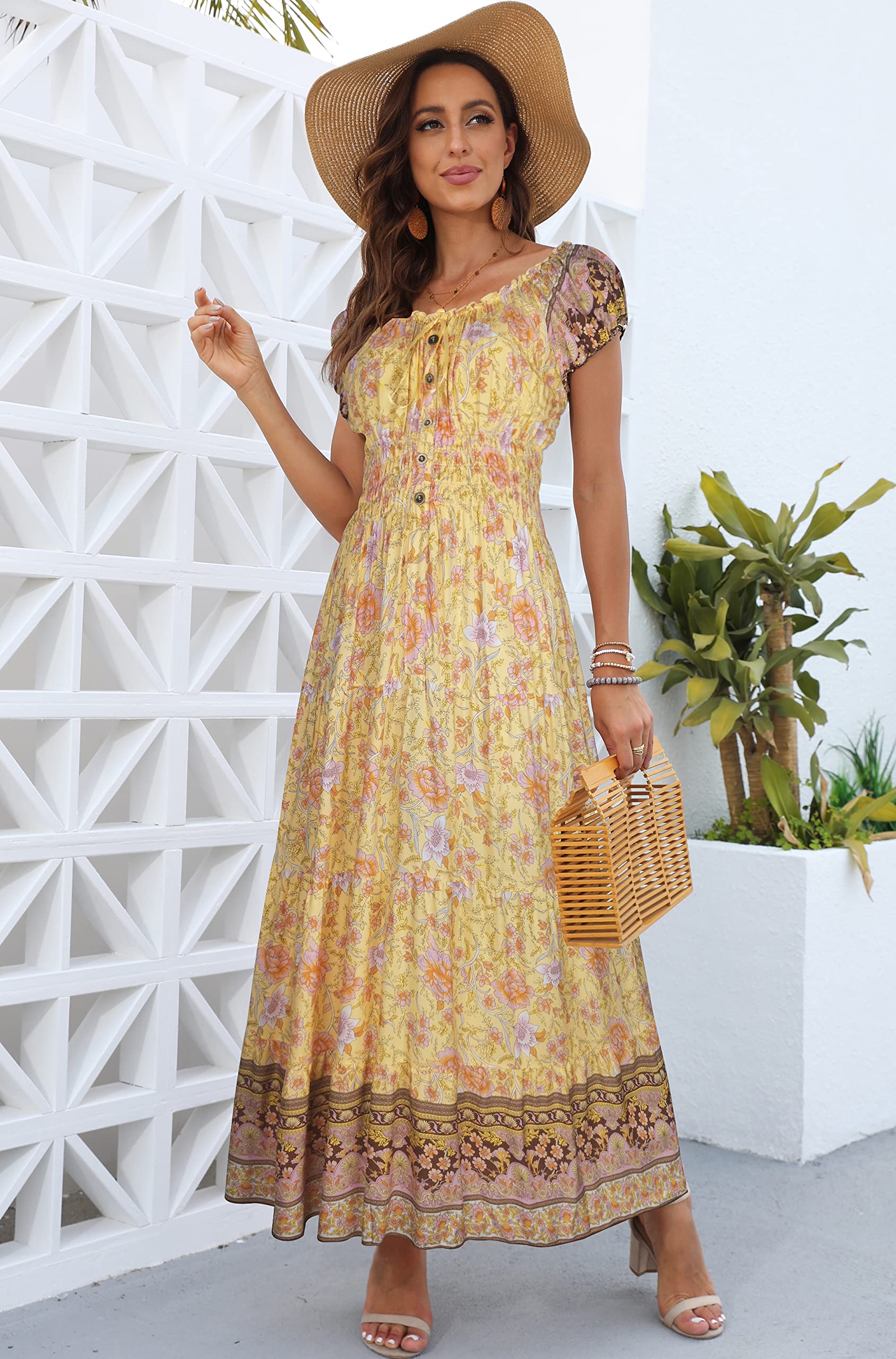 OSTOO Abito Lungo da Donna Estivo 2025 a Maniche Corte Boho con Stampa Floreale a più Livelli Casual fluente
