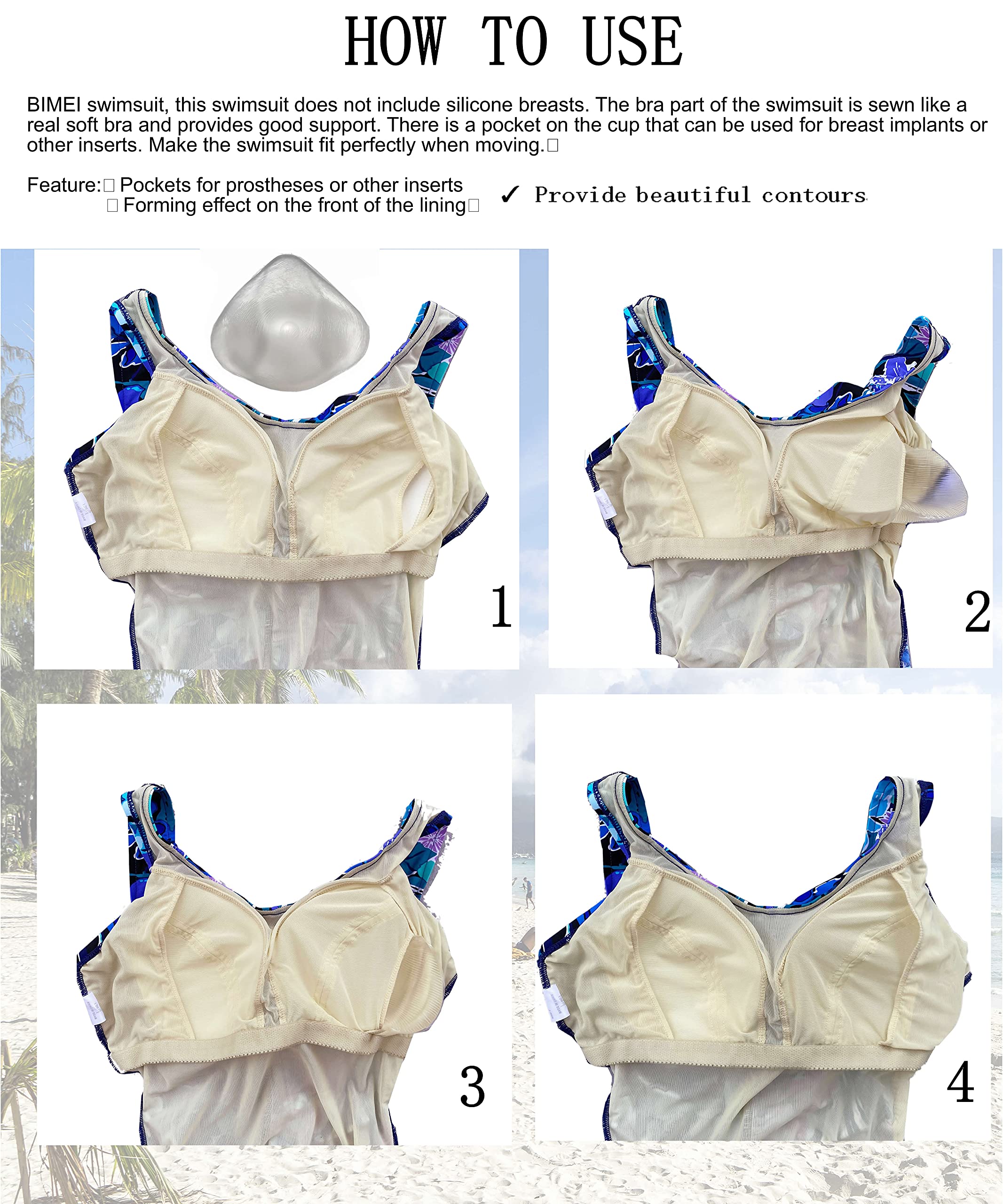 BIMEI Maillot de bain à poches pour mastectomie en silicone pour faux sein, cancer du sein, femme 125