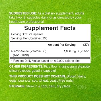 Vitamin B3 Nicotinamide 1,000mg Per Serving 500 Capsules, Flush Free Niacin, Essential B3 Supports Healthy Skin & Energy Production Non-GMO