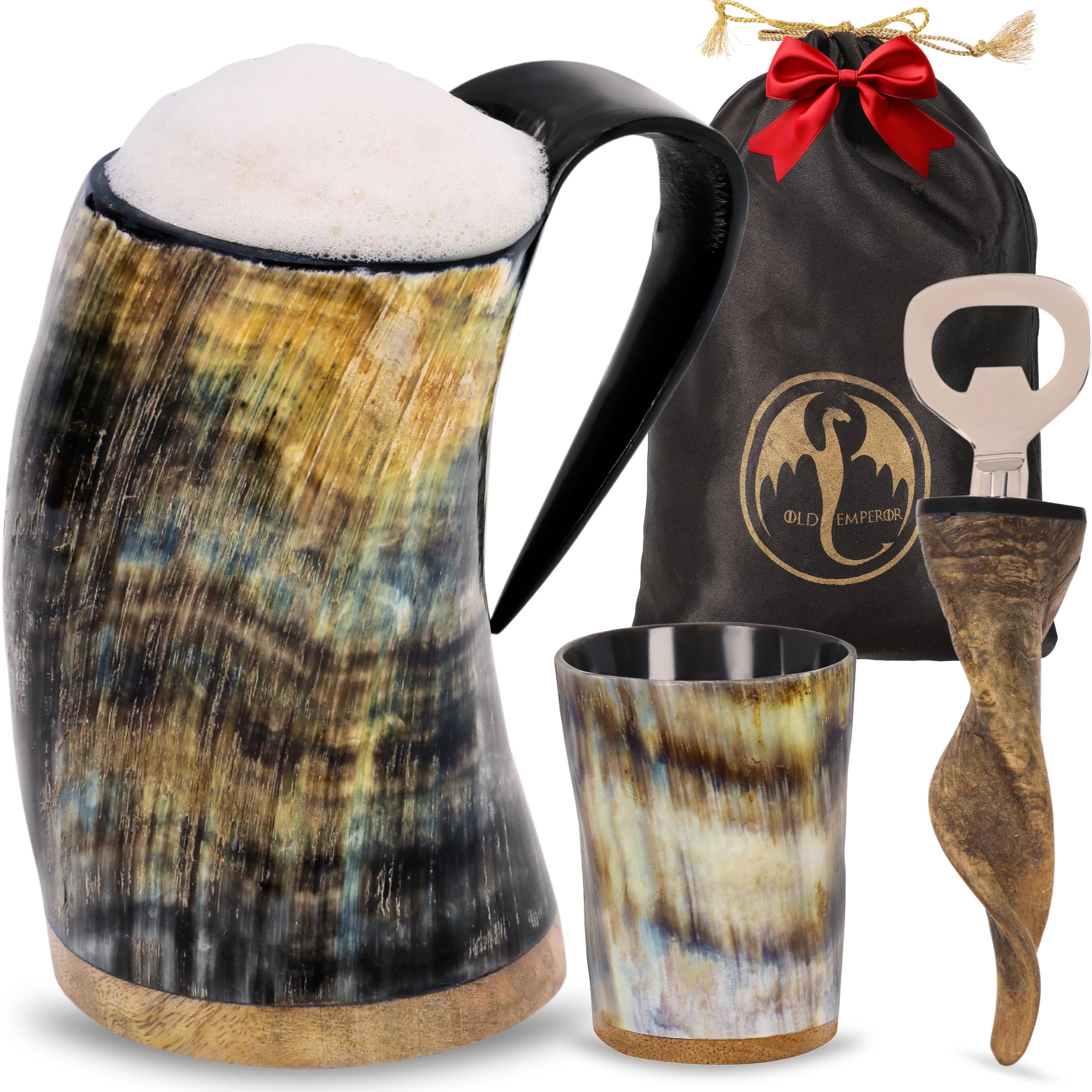 Viking Drinking Horn Mug, 16-20oz| Shot Glass and Bottle Opener| Ultimate Unique| Viking Gift for Men & Women | Food Grade Medieval Style (Plain)