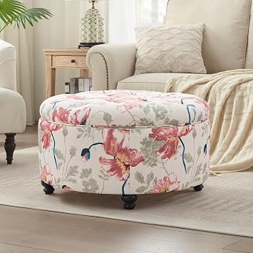 HUIMO 30-Inch Round Storage Ottoman, Modern Button Tufted Ottoman Coffee Table with Removable Top for Living Room, Bedroom and OfficeRed Flower