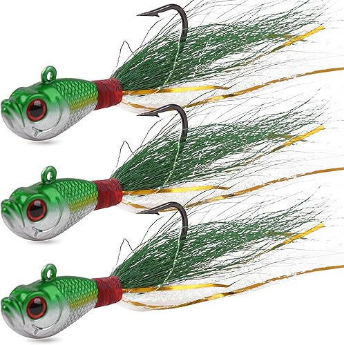 Miniatura 8 de Bucktail Jigs - Señuelos Fluke de agua salada, 5 piezas de cola de cubo, cebos para pesca de cabeza, kit surtido para pelotas, pesca de pescado