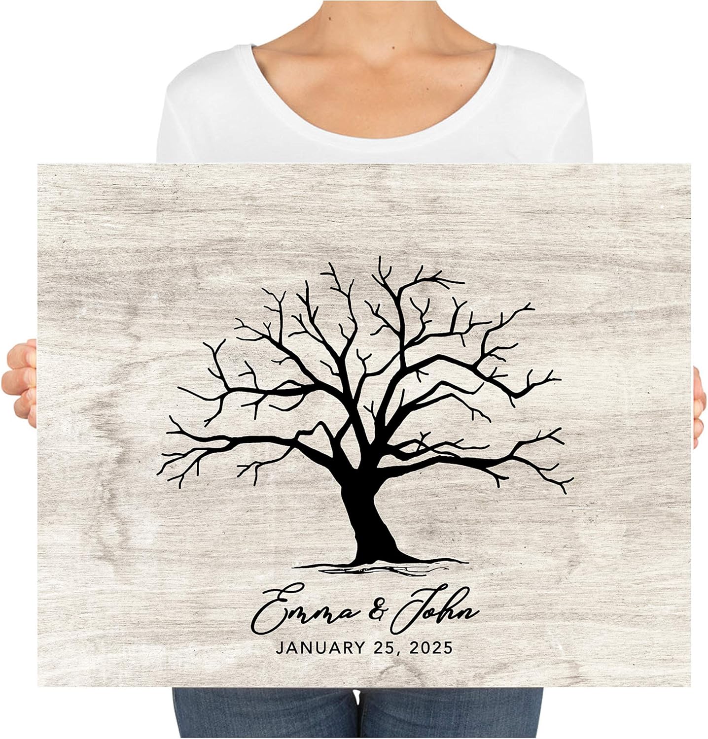 Andaz Press Custom Large Wedding Canvas Guestbook Alternative, 16 x 20 Inches, Tree Thumbprint Rustic Grey Background, Horizontal Personalized Sign Our Canvas, Welcome Sign for Wedding, Baby Shower