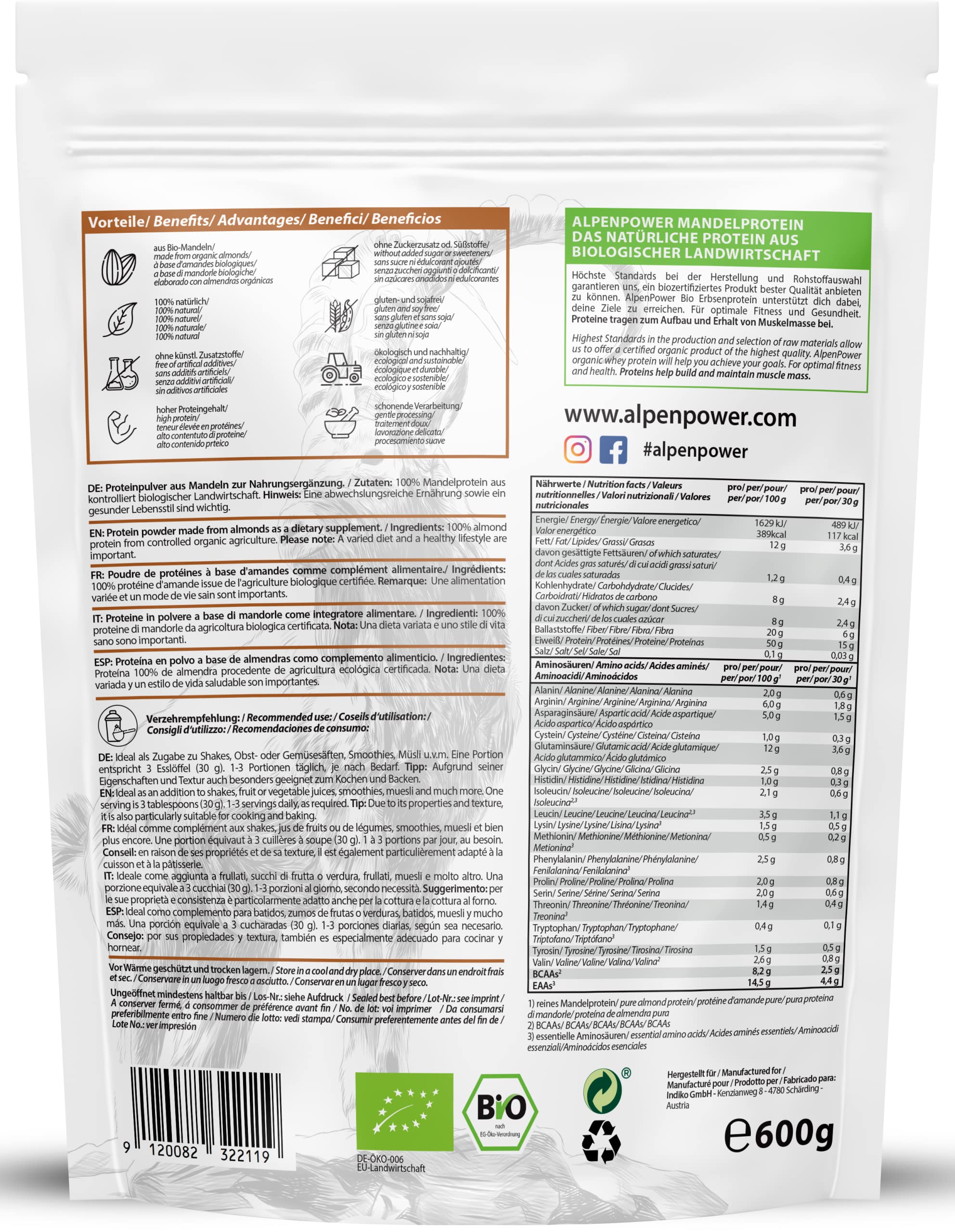 AlpenPower BIO Mandelprotein-Pulver Vegan 600 g I 50% Eiweißgehalt I Glutenfrei I Reich an Calcium & Vitaminen I Natur pur - 100% Bio-Mandeln
