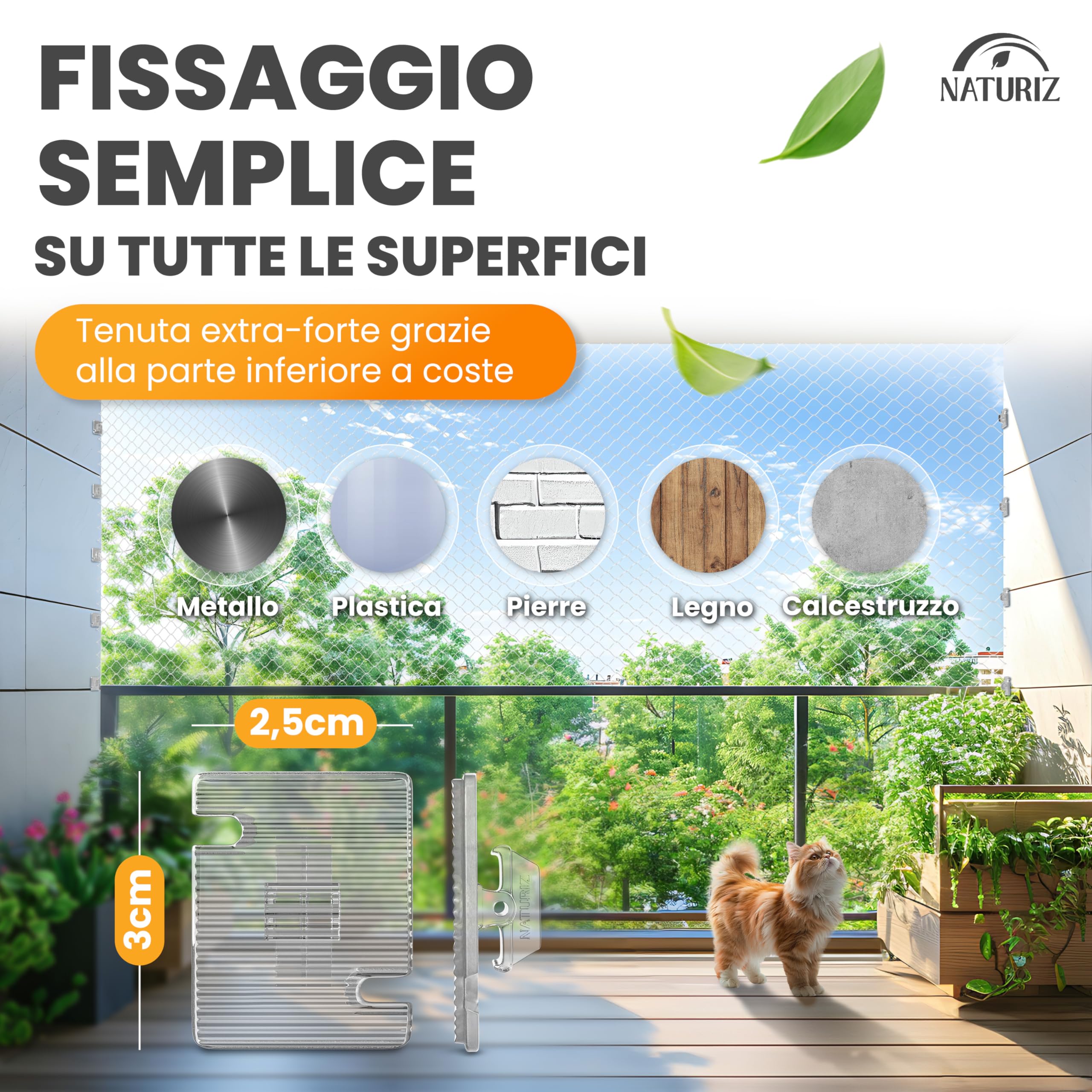 Naturiz Rete per gatti per balcone senza foratura, 3 x 4 m, rinforzata con filo trasparente/bianco, griglia per gatti con gancio adesivo – Rete di protezione per gatti per balcone e finestre, rete da