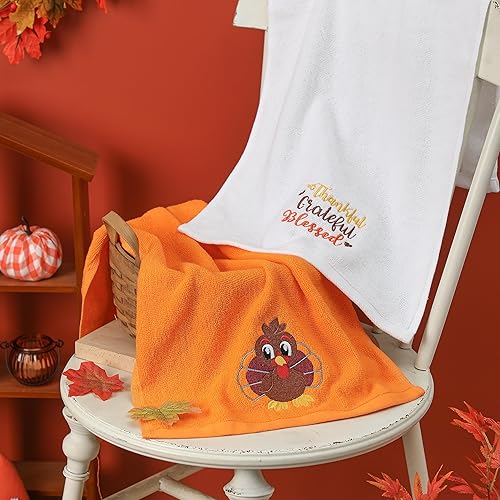 Miniatura 6 de Juego de 2 toallas de mano de Acción de Gracias de otoño, 100% algodón, bordadas con pavo, decorativas, para baño, cocina, juego de 2 toallas de 14