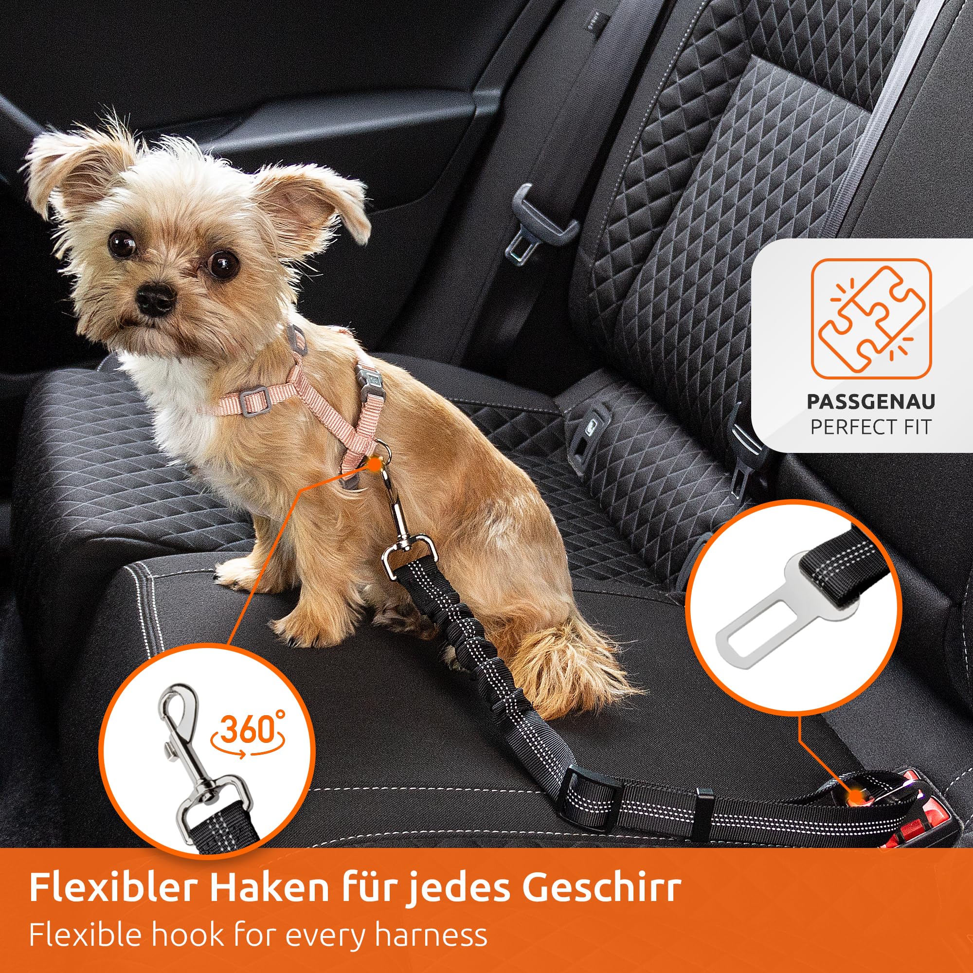 ECENCE Ceinture Chien Voiture - Harnais Voiture Chien - Ceinture de sécurité avec système d’Amortissement élastique et Mousqueton pour Tous Les Chiens et Chats