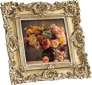 eletecpro 4x4 Vintage Picture Frame with Real Glass Cover, Gold, 1-Pack