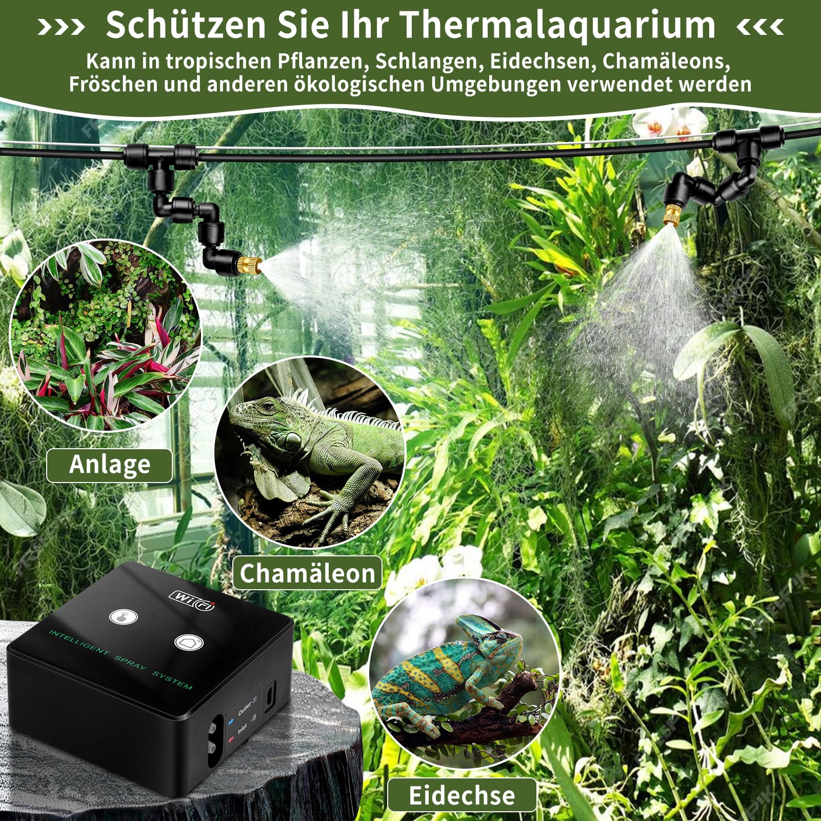 Beregnungsanlage Terrarium, Luftbefeuchter Terrarium, Mobiltelefonsteuerung Intelligentes Reptilien Benebelungssystem für Terrarium Luftbefeuchter Präzisionskupferdüse Kann um 360° Gedreht Werden