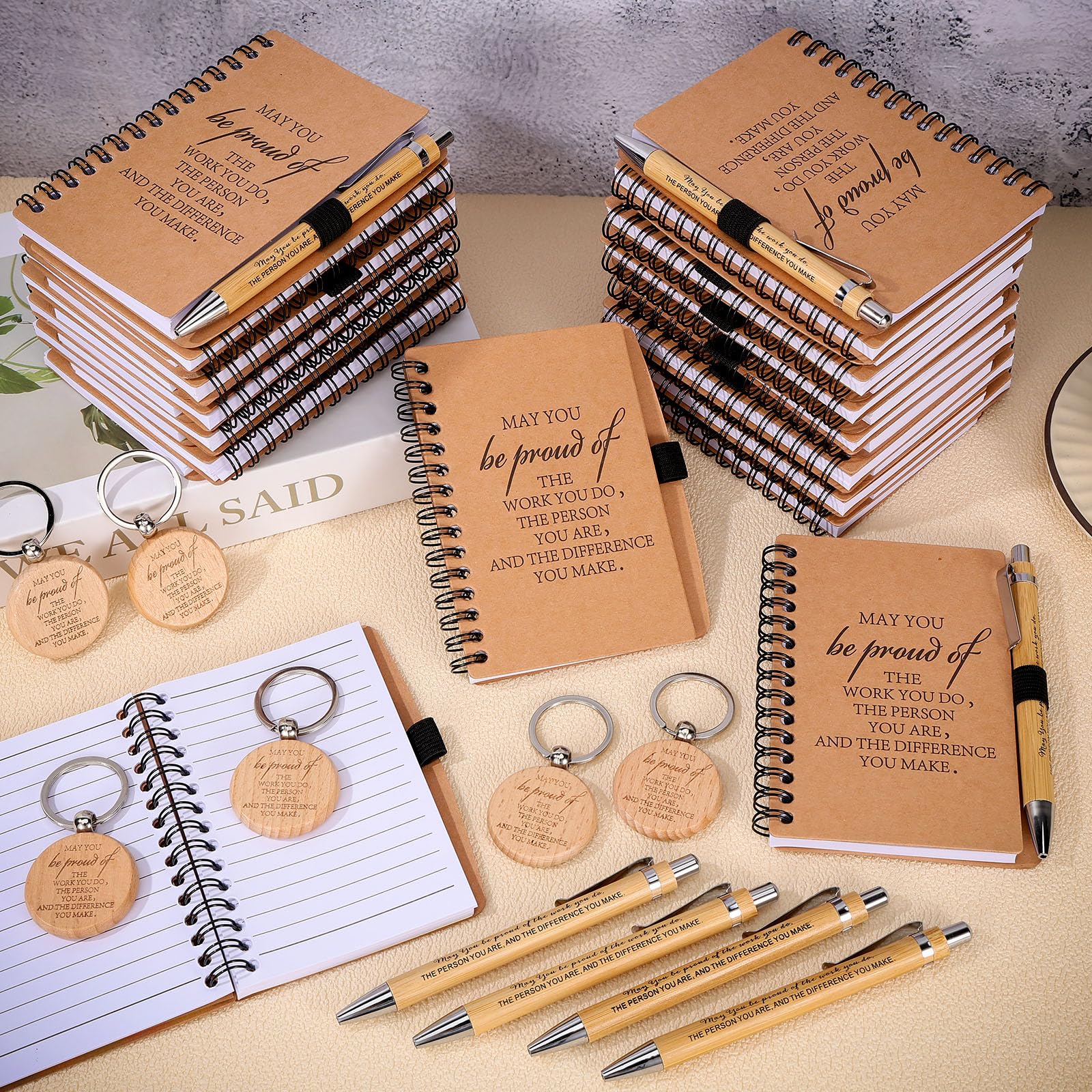 12 Sets Team Appreciation Gifts - Inspirational Bamboo Pens, Keychains & Bookmarks Bulk Pack