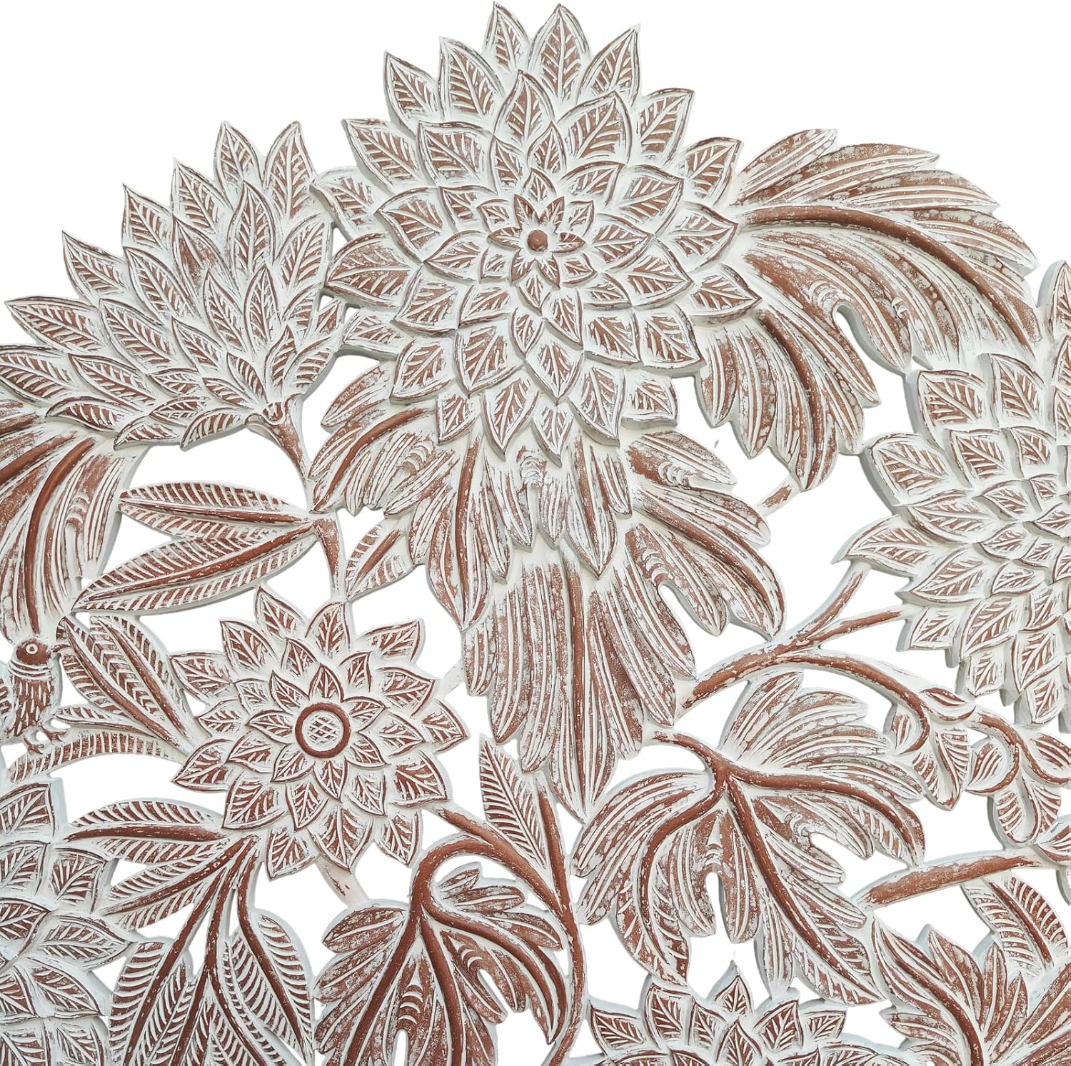 Handmade Half Moon Headboard Sun Flower in White Wash Round Carving Bed Head Wall Art Boho Bed Headboard Tropical Home Decor (Queen Size- 63x45x1 -inches) | Engineered Wood