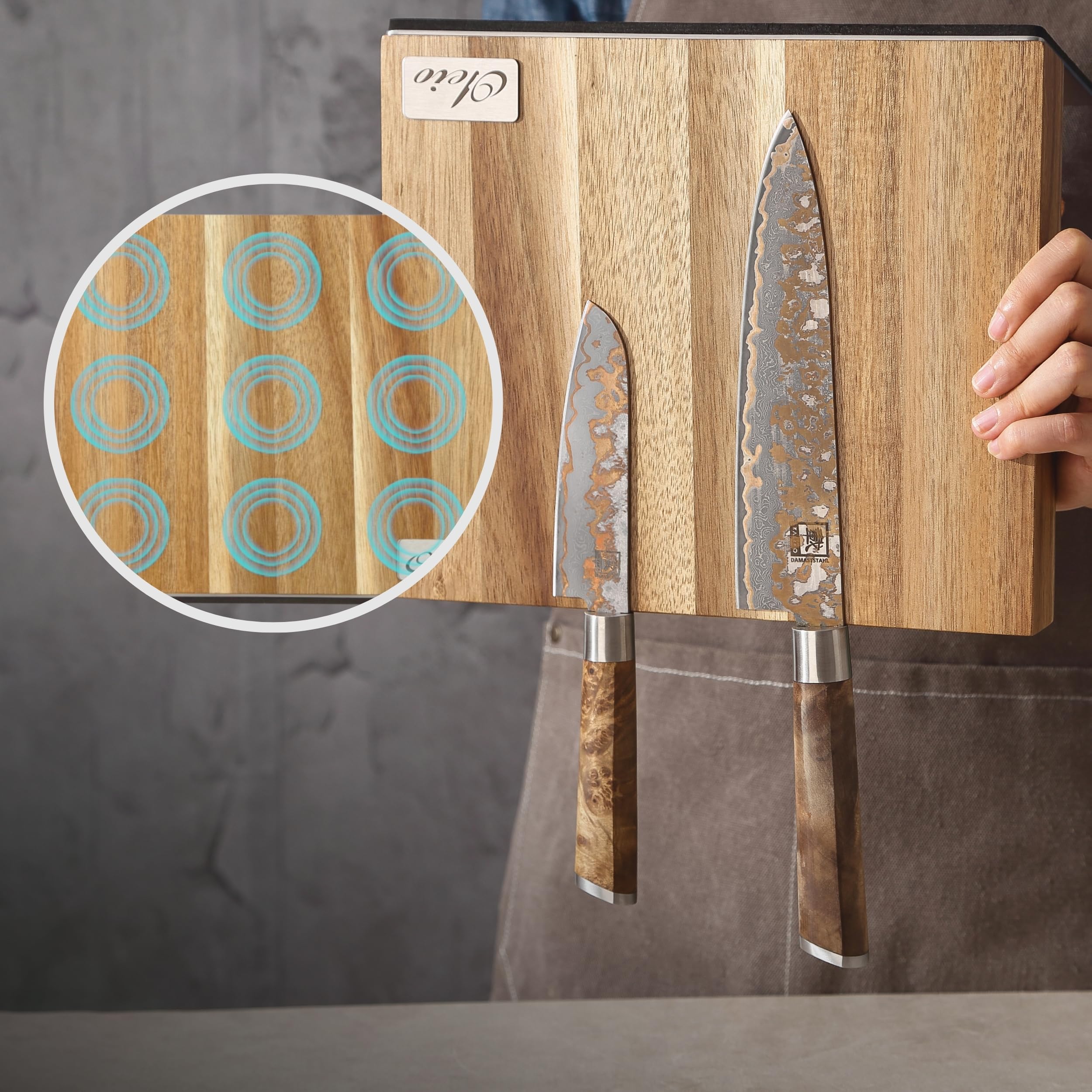 Oleio Bloc Porte-Couteaux Magnétique de Cuisine en Acacia Massif, 6 Lames
