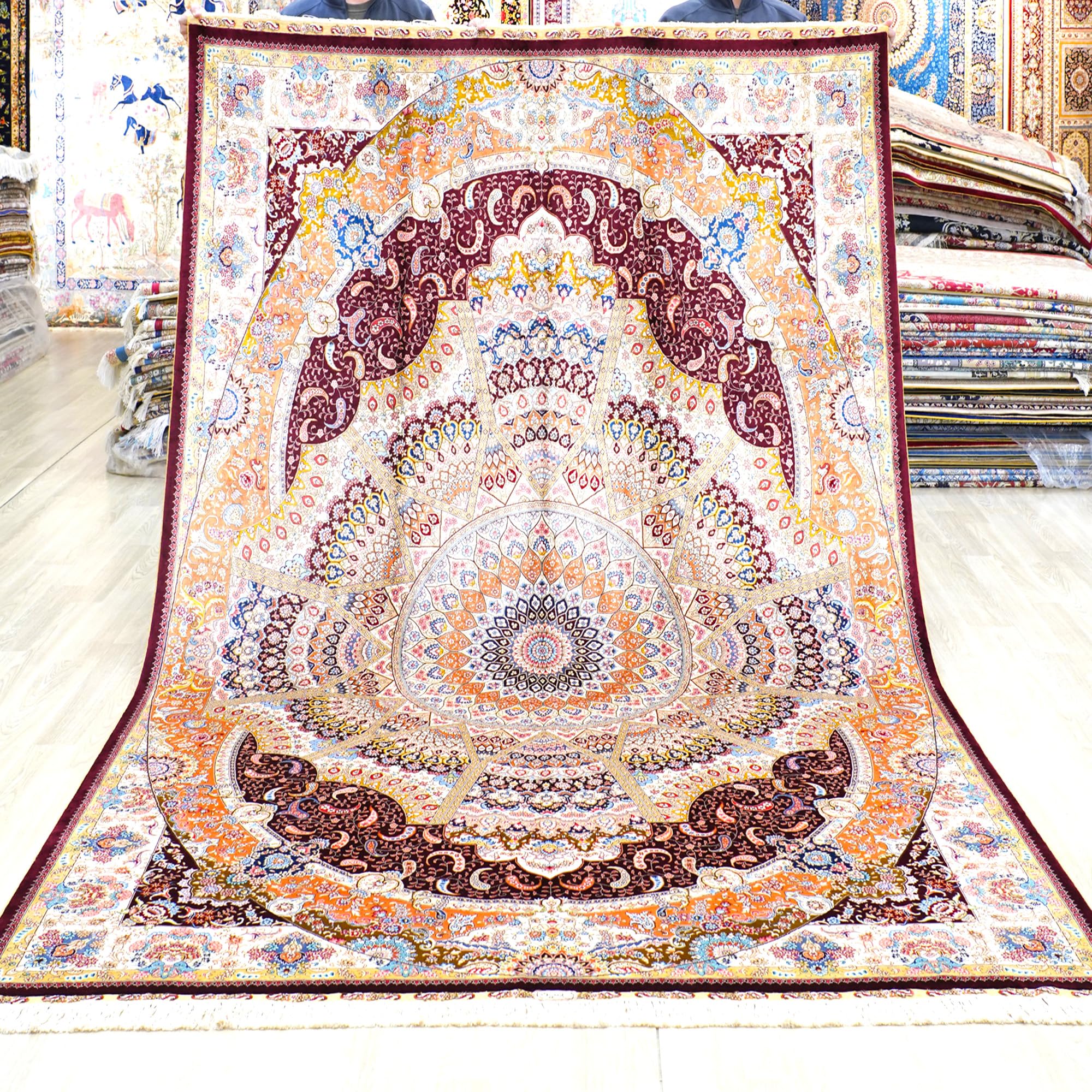 Yuchen Carpet Oriental Silk Rug 6x9 Red Hand Knotted Traditional Vintage Luxury Silk Area Rug for Living Room