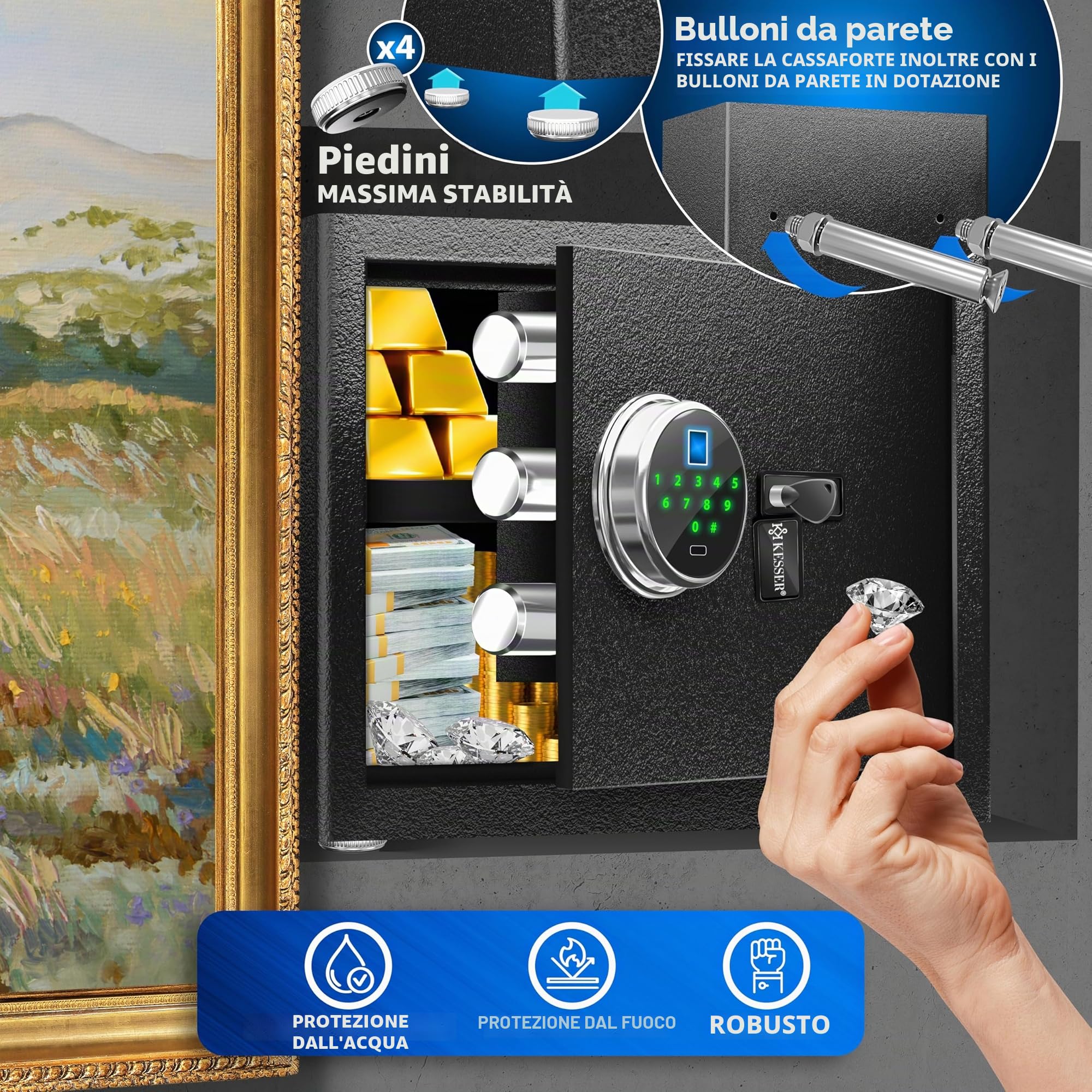 KESSER® Cassaforte elettrica con impronte digitali e chiave L | Batteria di emergenza | elettronica | 3 x chiusura a doppio bullone | da parete | per mobili | Armadio