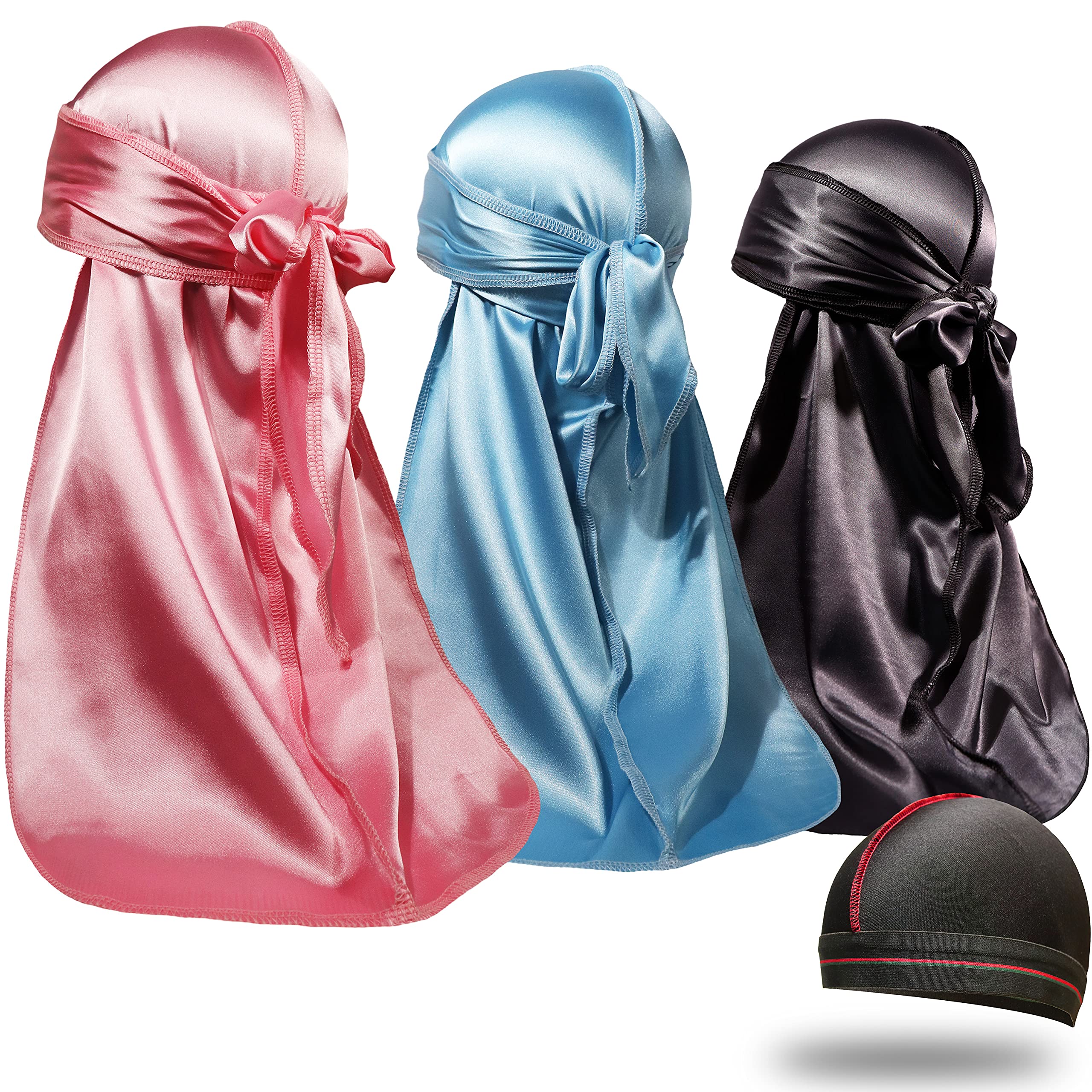 ForceWave Silky Satin Durags 3 Pieces and 1 Wave Cap Pack for Men Waves