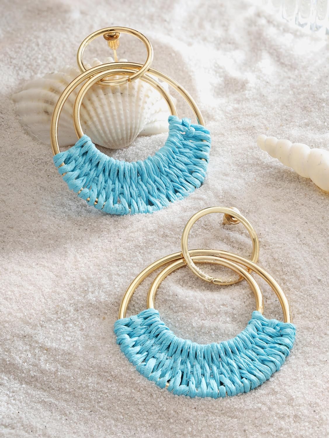 MINACHI Bohemian Raffia Tassel Dangle Drop Hoop Earrings, Boho Hippie Summer Beach Jewelry Gift for Women - Image 2