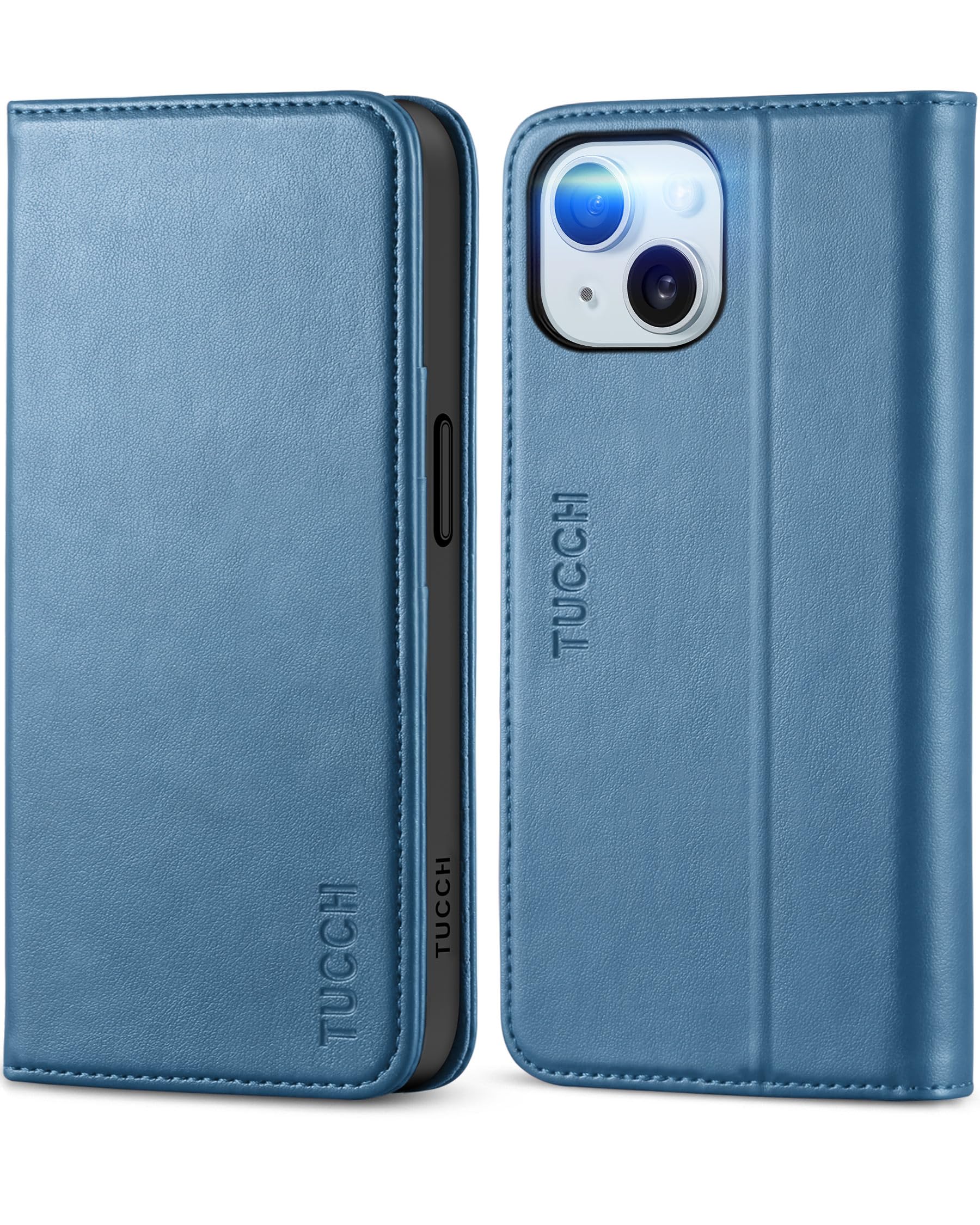 TUCCH Case for iPhone 15 Wallet Case 6.1", Kickstand PU Leather Folio Cover with RFID Blocking 3 Card Slots, Stand Book Design [Shockproof TPU Interior Case] Compatible with iPhone 15 2023, Light Blue
