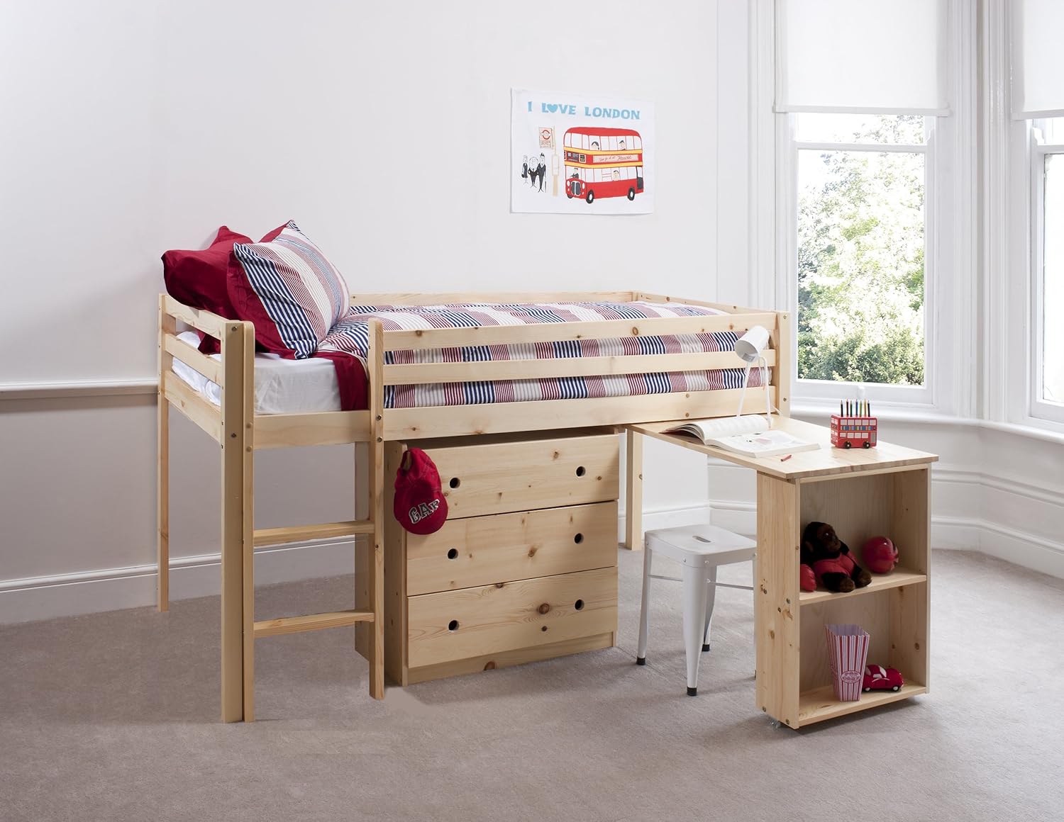 Cabin Bed Mid Sleeper Wooden with Chest of Drawers & Desk 5004 Amazon