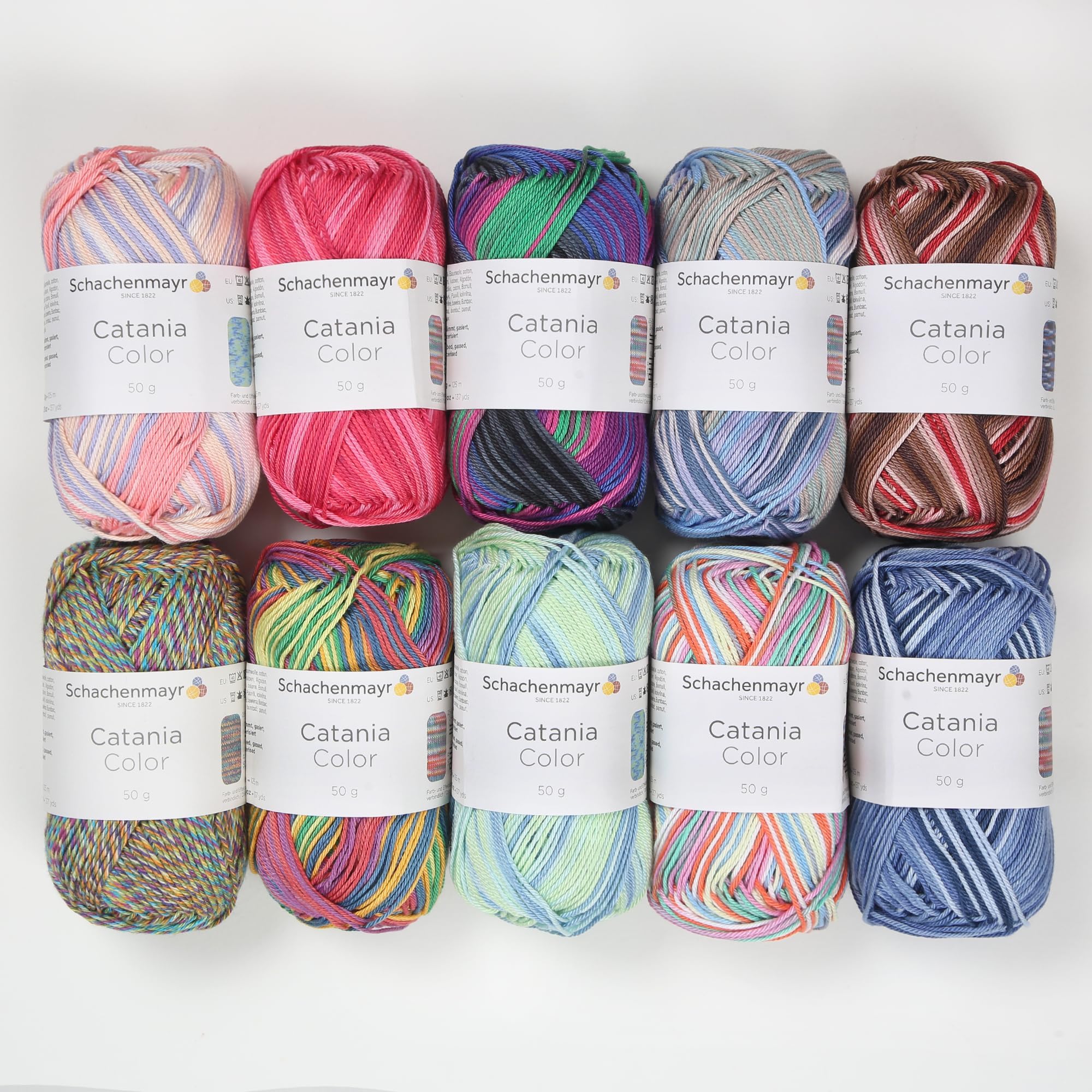 10 Skein Schachenmayr Catania Color Originals, Multicolor Yarn, 100% Cotton, Total 17.6 Oz Each 1.75 Oz (50g) / 137 Yrds (125m), Fine-Sport 2, Assorted Colors Yarn Version 2