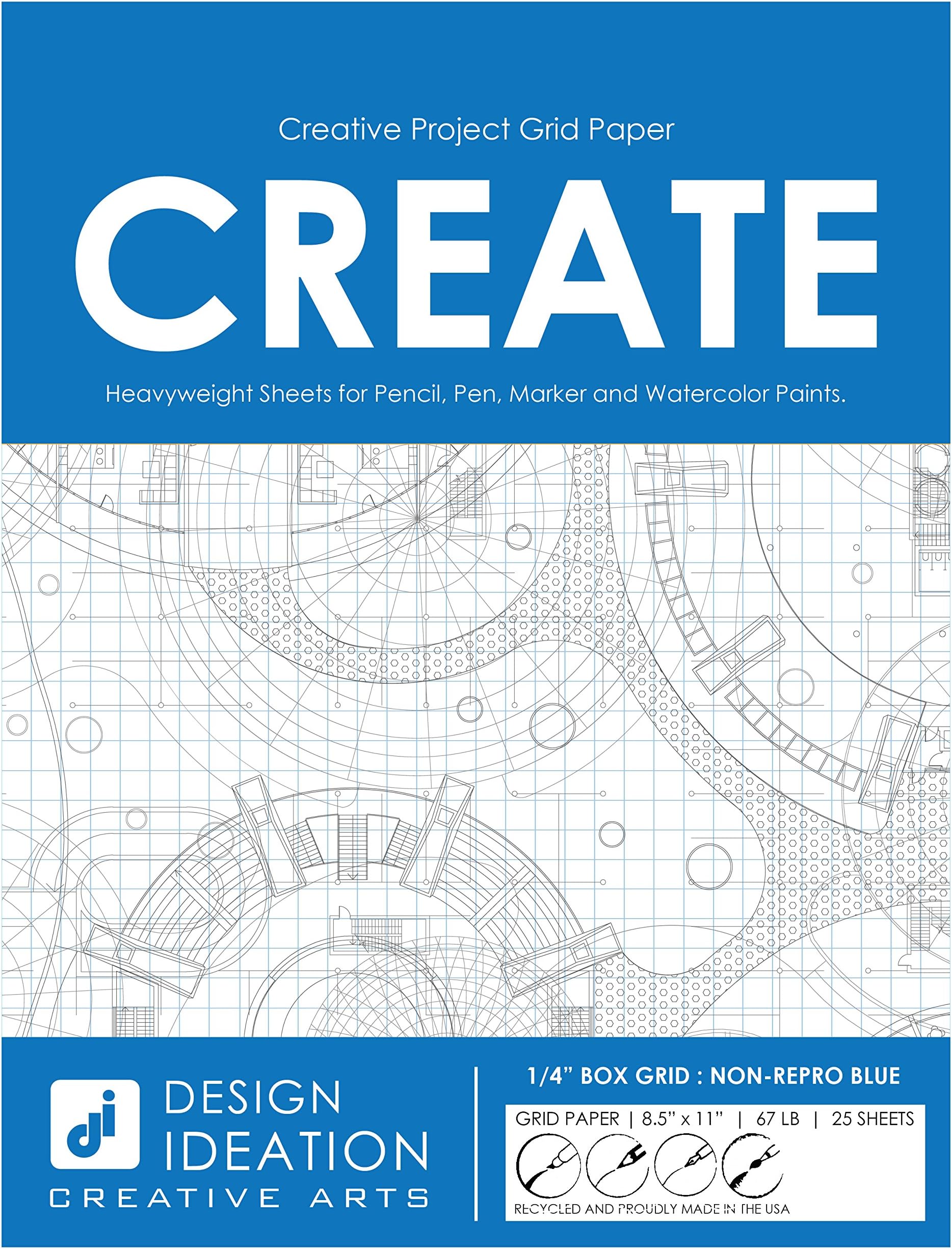 Design Ideation Grid Paper : Multi-Media Grid Paper for Pencil, Ink, Marker and Watercolor Paints. 1/4" Box Grid. (25 Sheet Pack.) (Non-Repro Blue Grid)