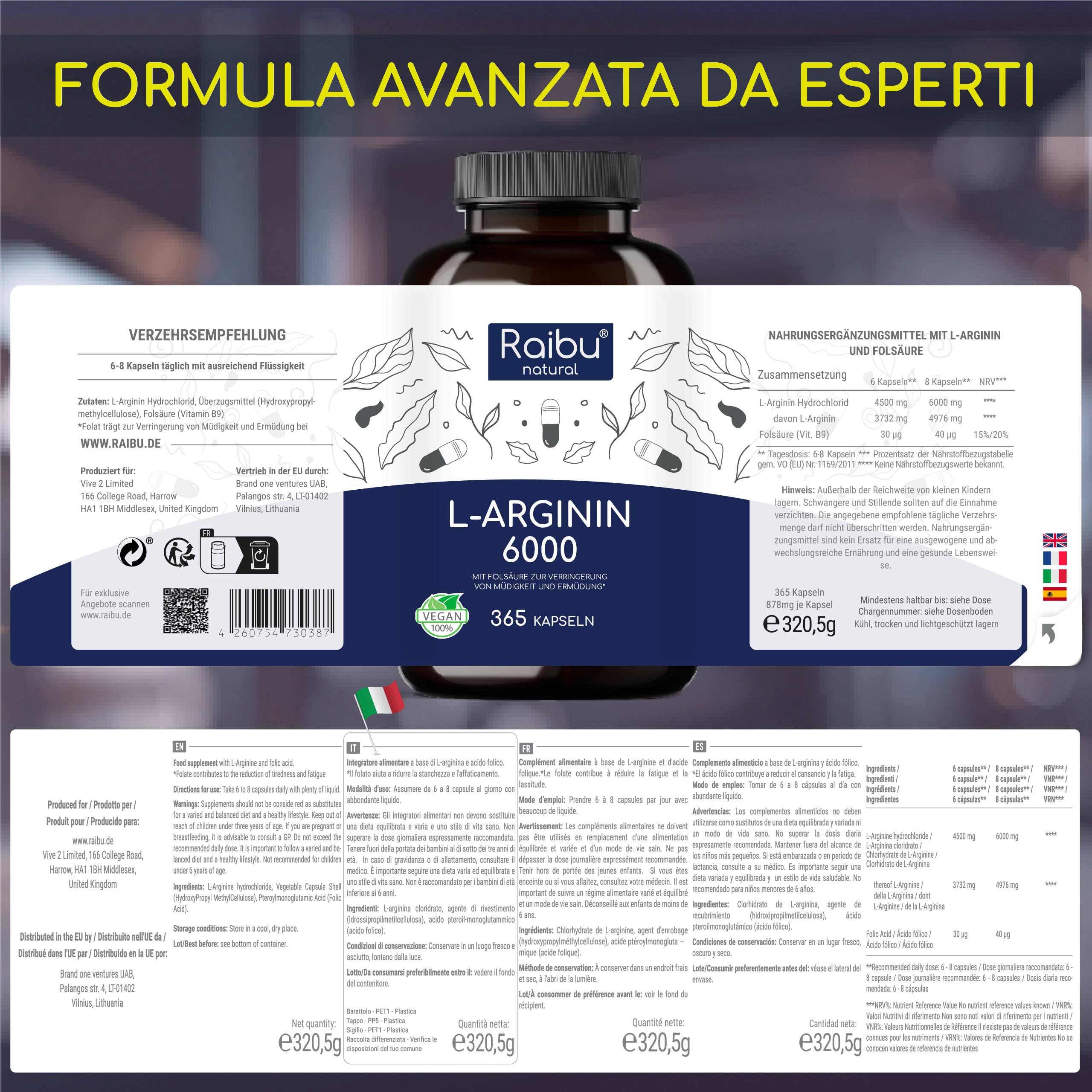 L-Arginina - 365 Capsule Vegane - 6000 mg di L Arginina HCL Pura per Dose Giornaliera - Alto Dosaggio, Senza Additivi e Testato in Laboratorio - Naturale Integratore Alimentare