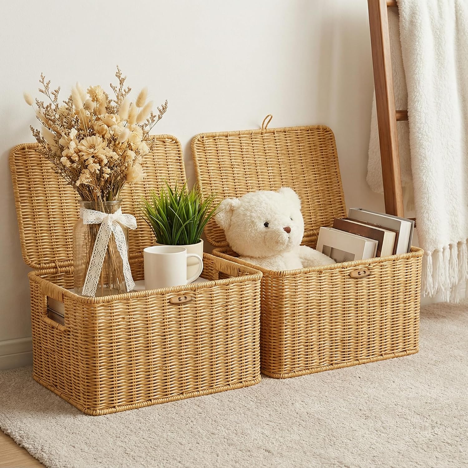 Nonam Wicket Storage Basket with Lid, Large Shelf Baskets for Boho Decor, Plastic Basket, Lidded Home Storage Bins - Stackable Containers Boxes for Organizing - Natural