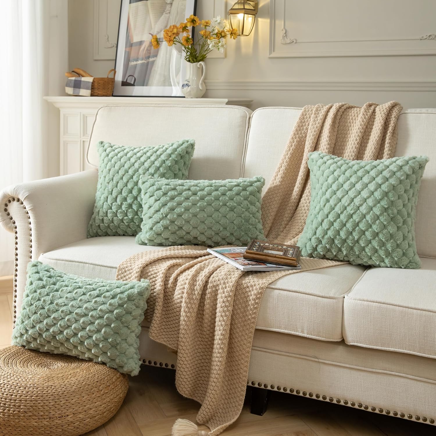 Pack of 2 Super Soft Throw Pillow Covers 18x18 Inch Faux Fur Plush Pillowcase Luxury Cozy Fluffy Decorative Cushion Cover for Sofa Couch Bed Livingroom Sage Green - Image 3