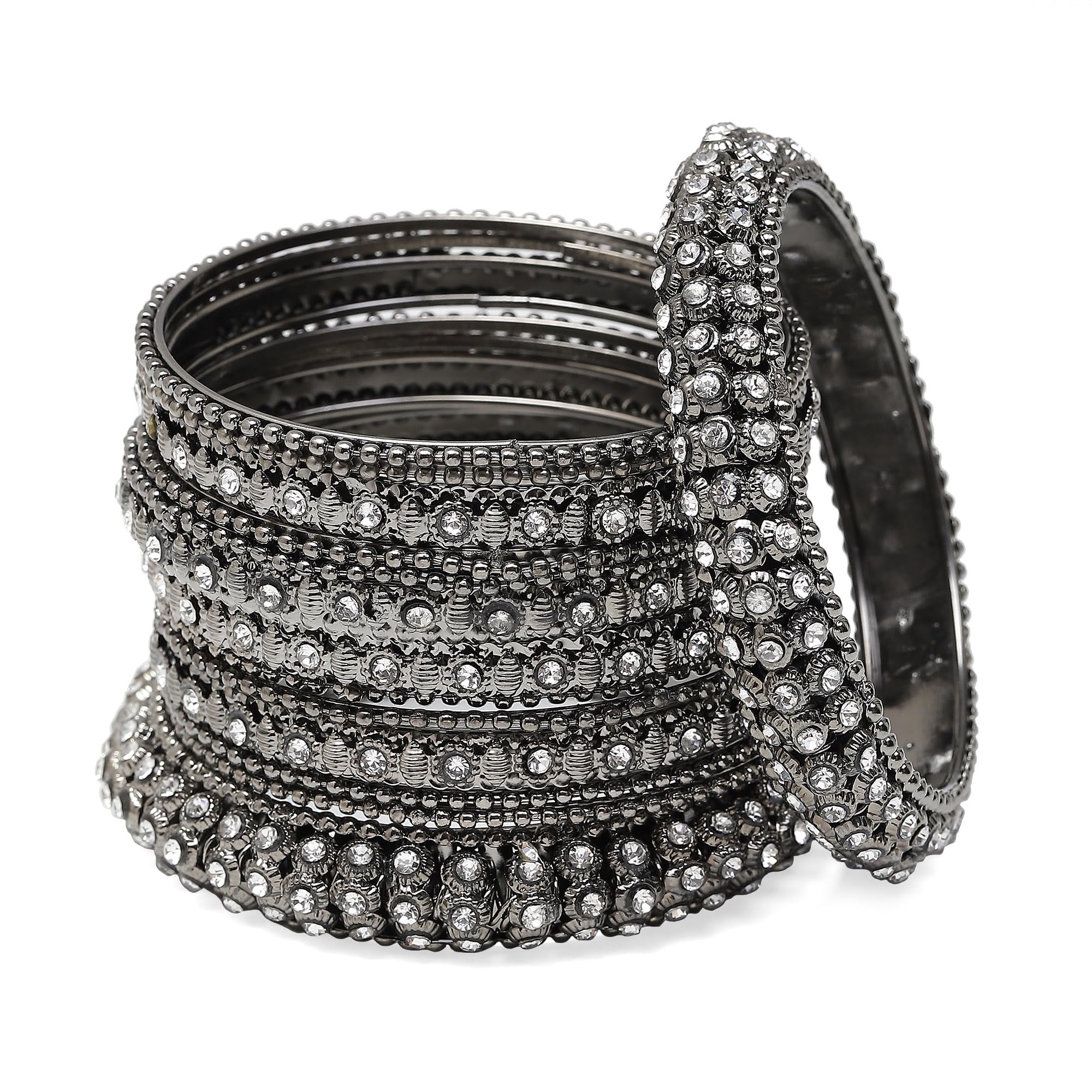 Oxidised Silver-Plated Bangles Set with Artificial Stones (Set of 14)