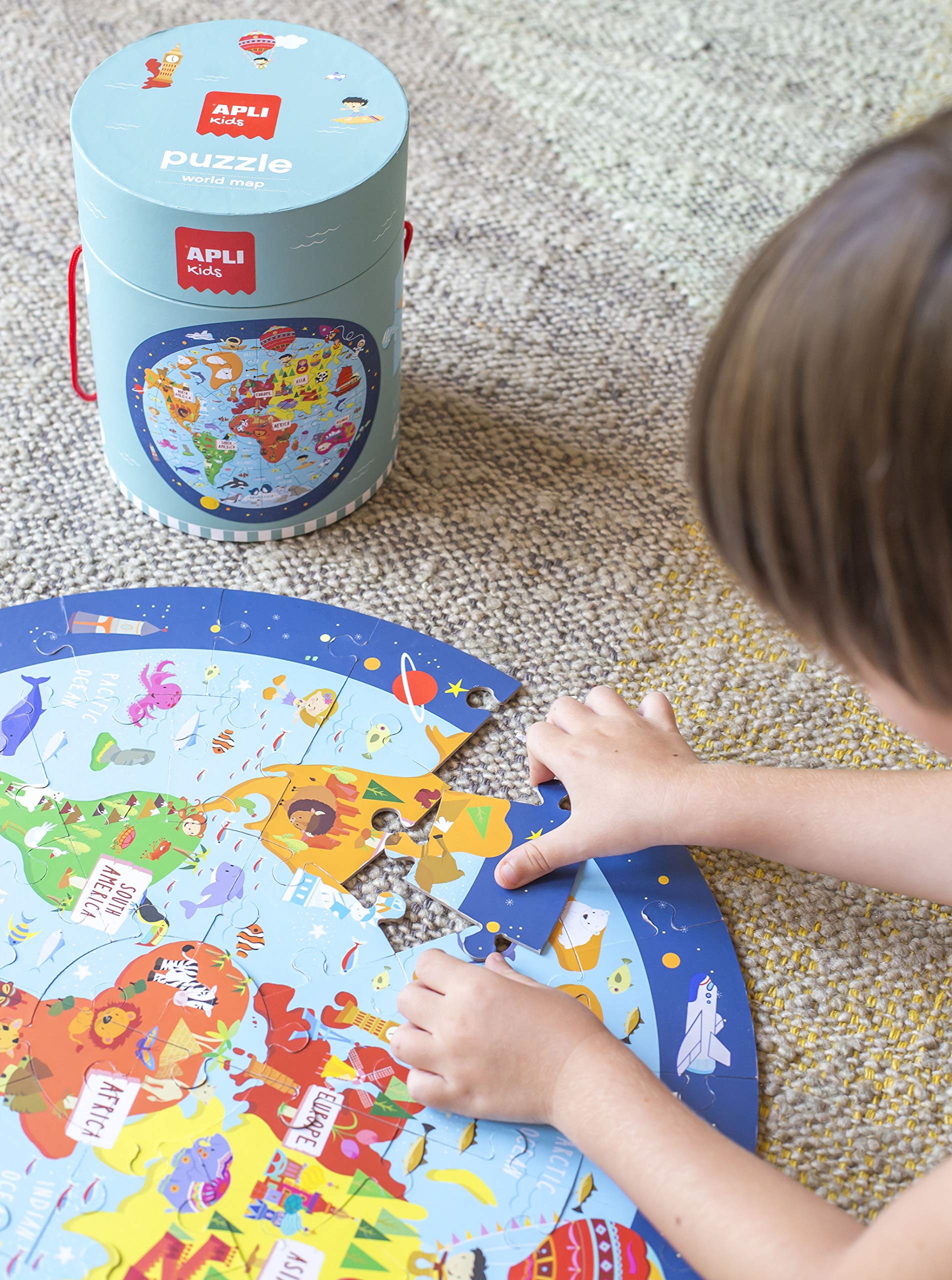 APLI Kids- Kit PUZLE Circular Mapamundi 48 Piezas (18201)+ Juego MAGNÉTICO Aprendo Las Horas (18573)