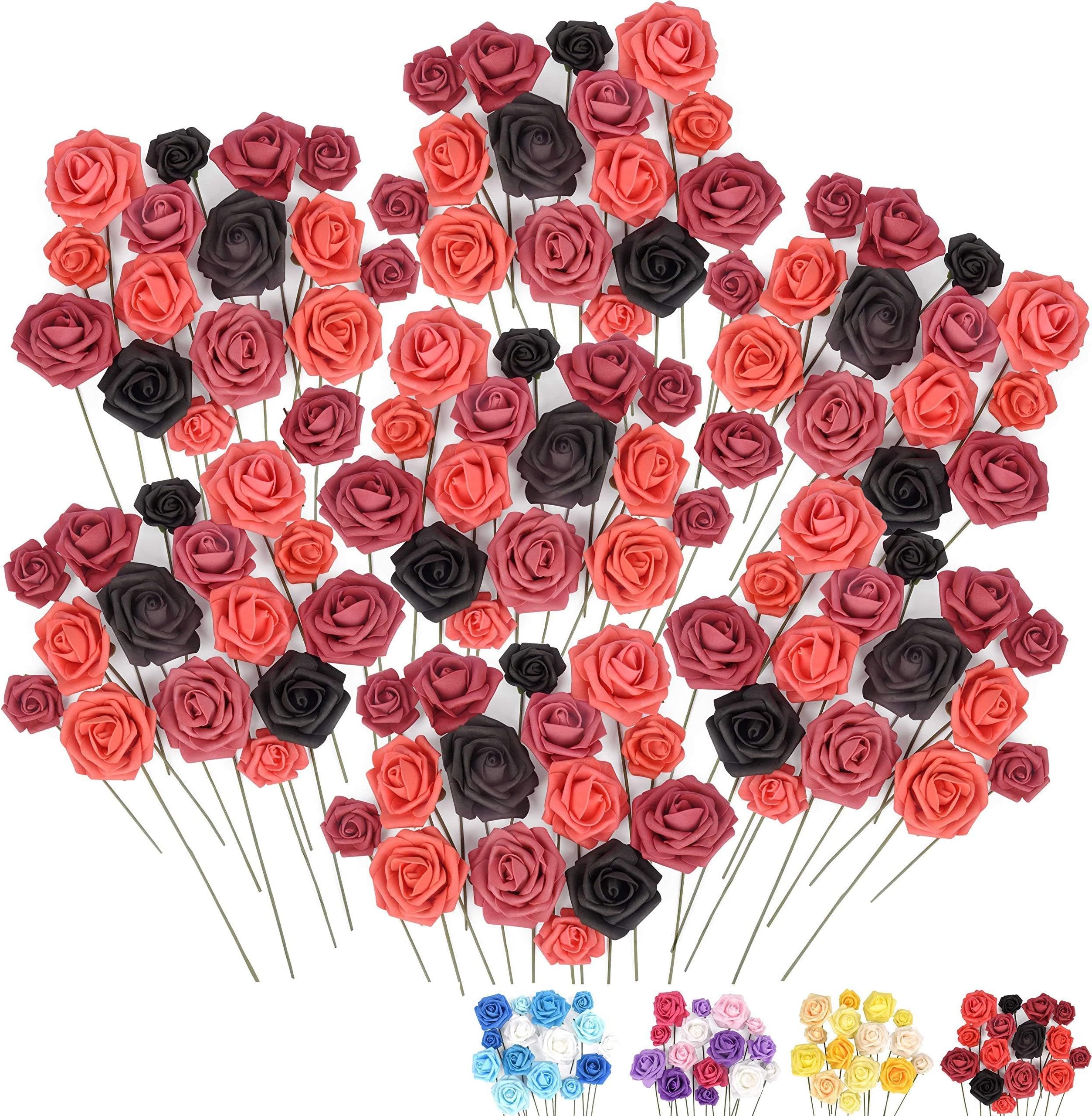 COOKOA 100 Artificial Rose Flowers for Wedding Party Decor Centerpiece Baby Shower- Fake Flower Bouquet with Stems and Leaves - Faux Red, White, Blue, Pink, Violet for Wall Letters